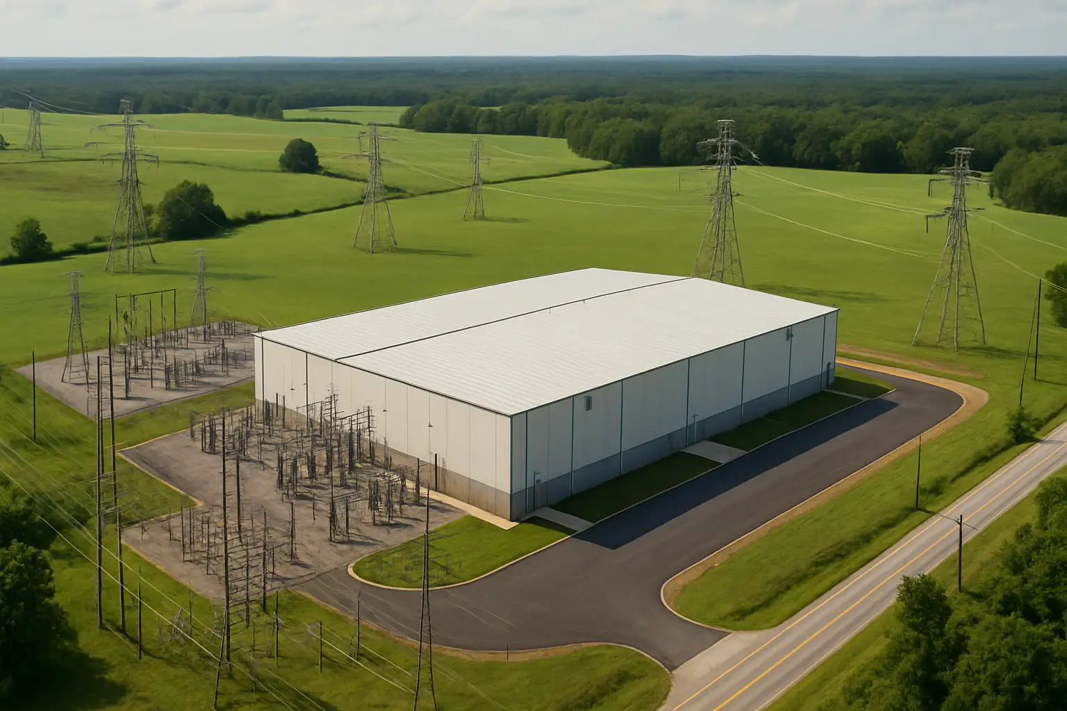 Aerial view of a rural county landscape with a large industrial facility and power lines