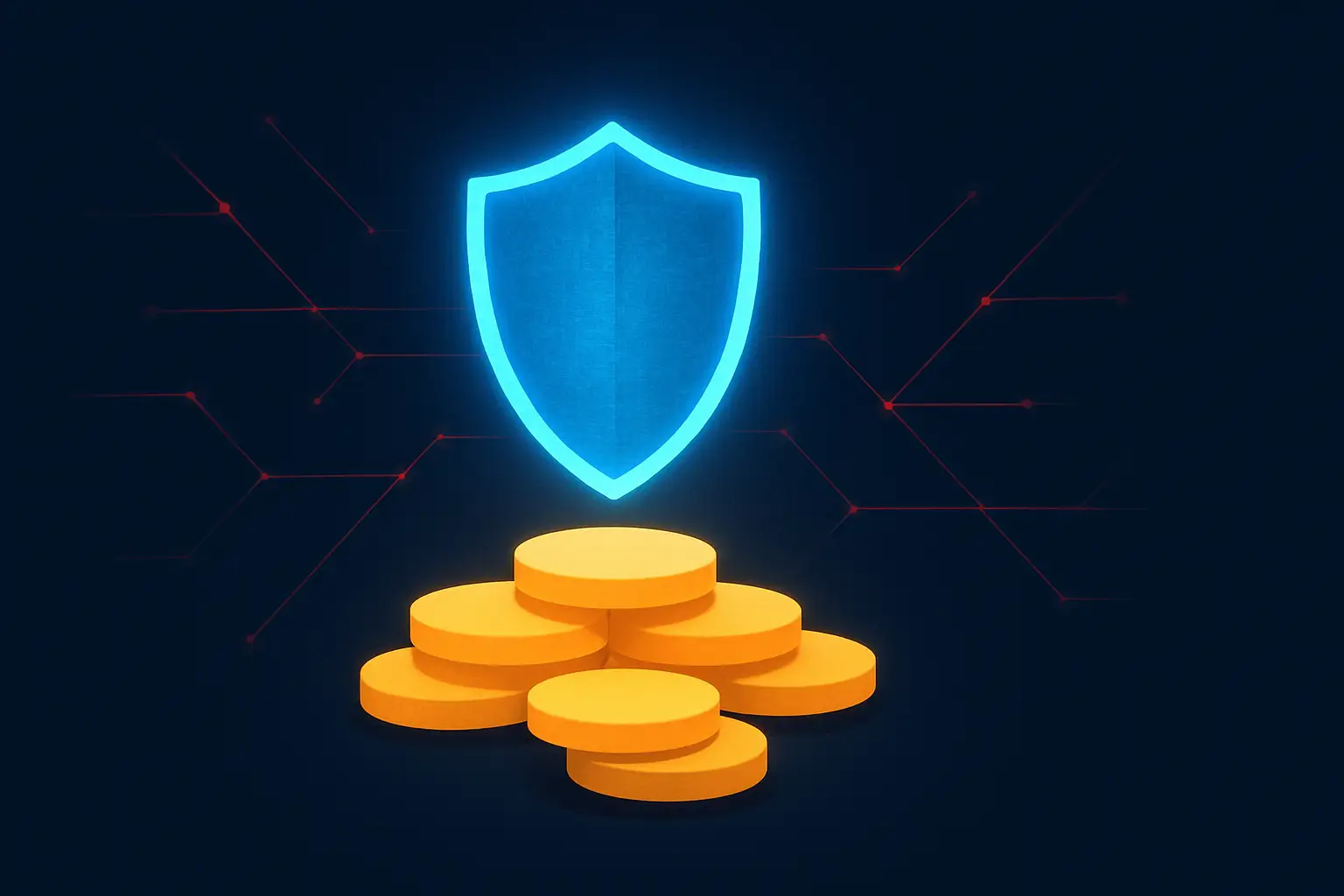 Digital security shield protecting cryptocurrency symbols on a dark background