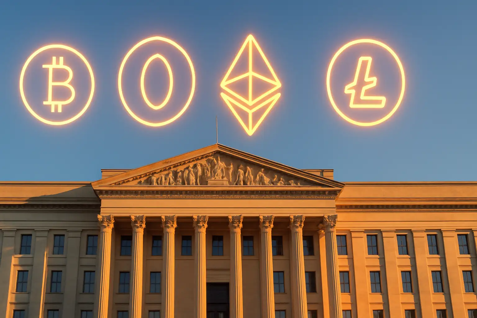 California state capitol building with digital currency symbols overlaid on a blue sky background