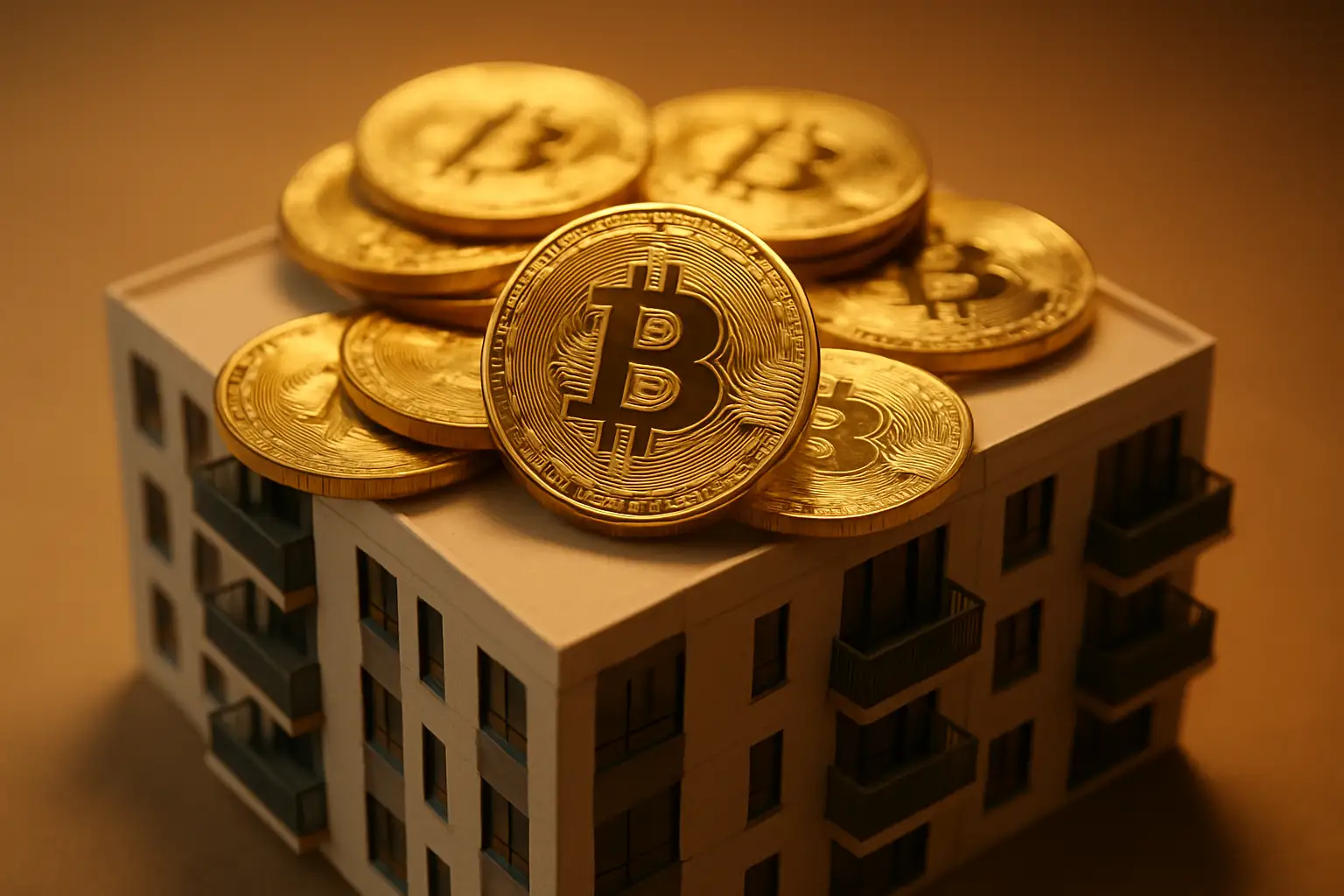 Bitcoin coins stacked on top of a model apartment building representing real estate and crypto investment