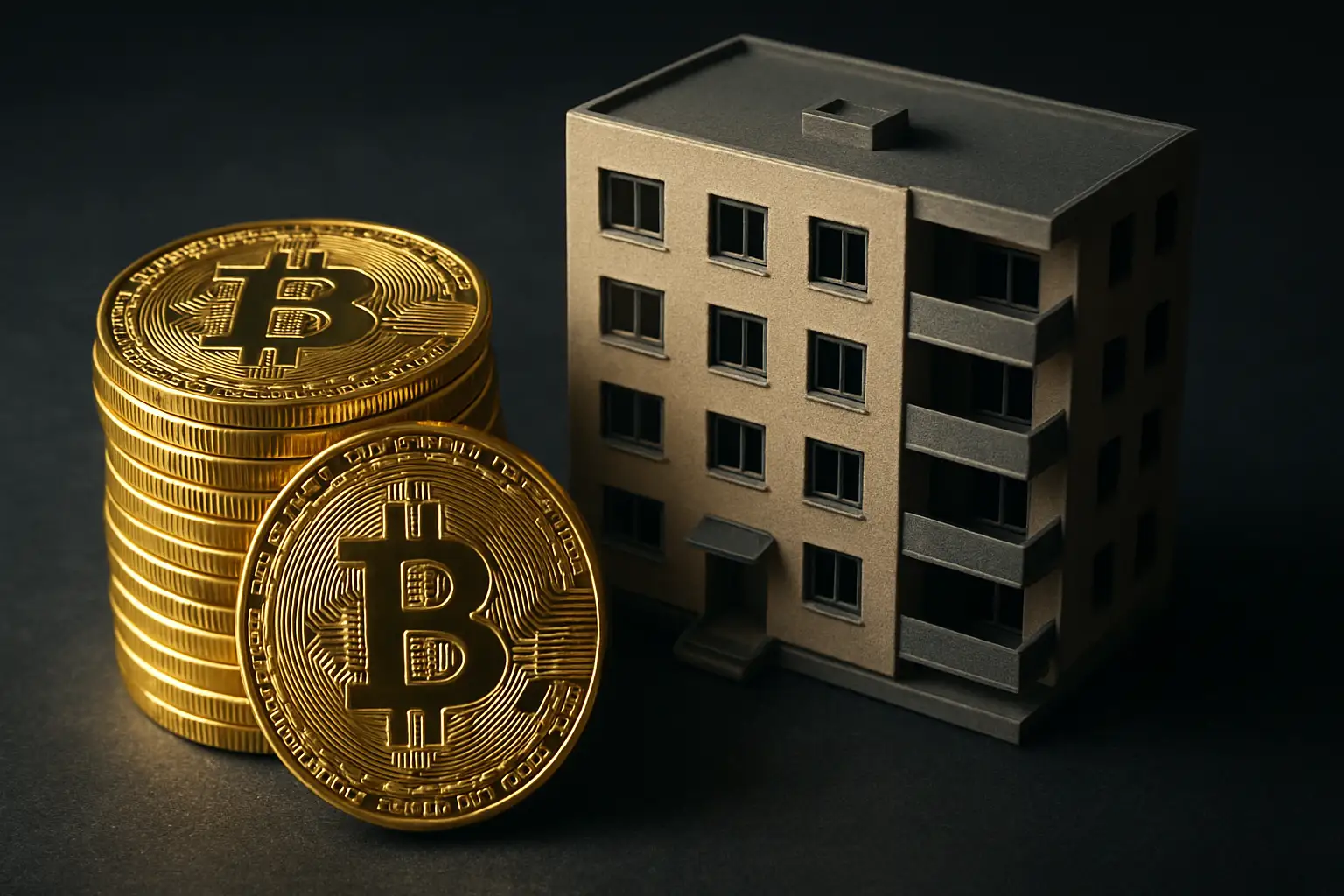 Bitcoin coins stacked alongside a miniature model of a residential apartment building on a dark surface