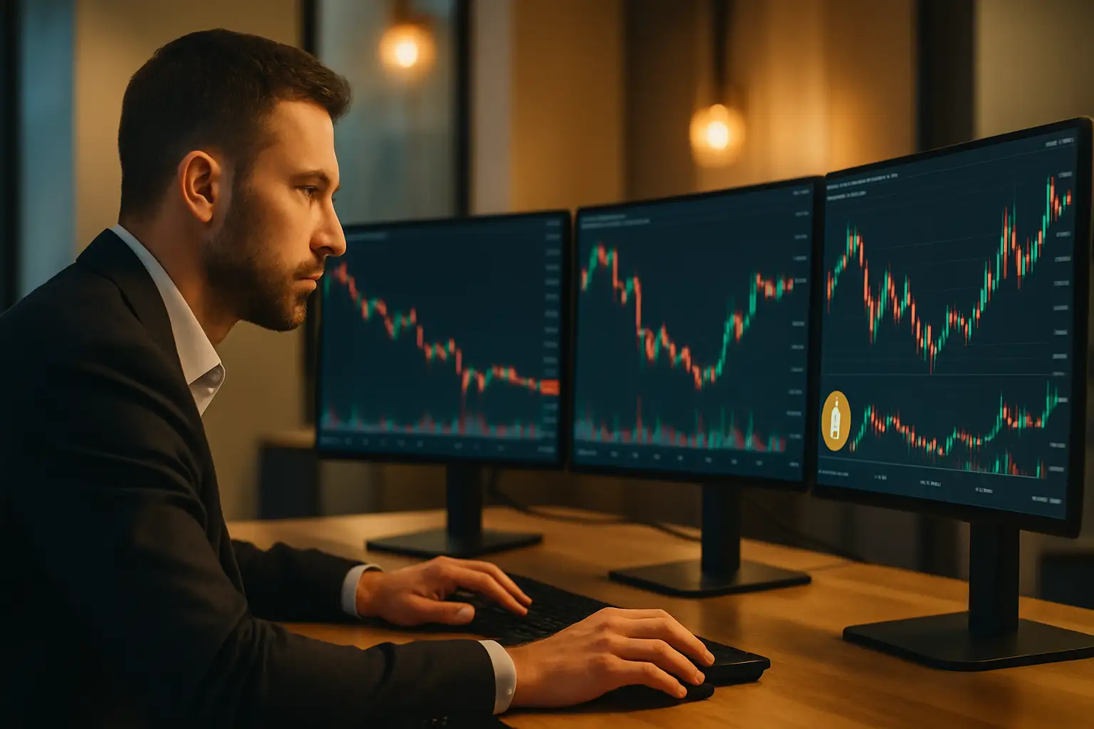 A portfolio manager reviewing crypto stock charts on multiple screens in a modern trading office