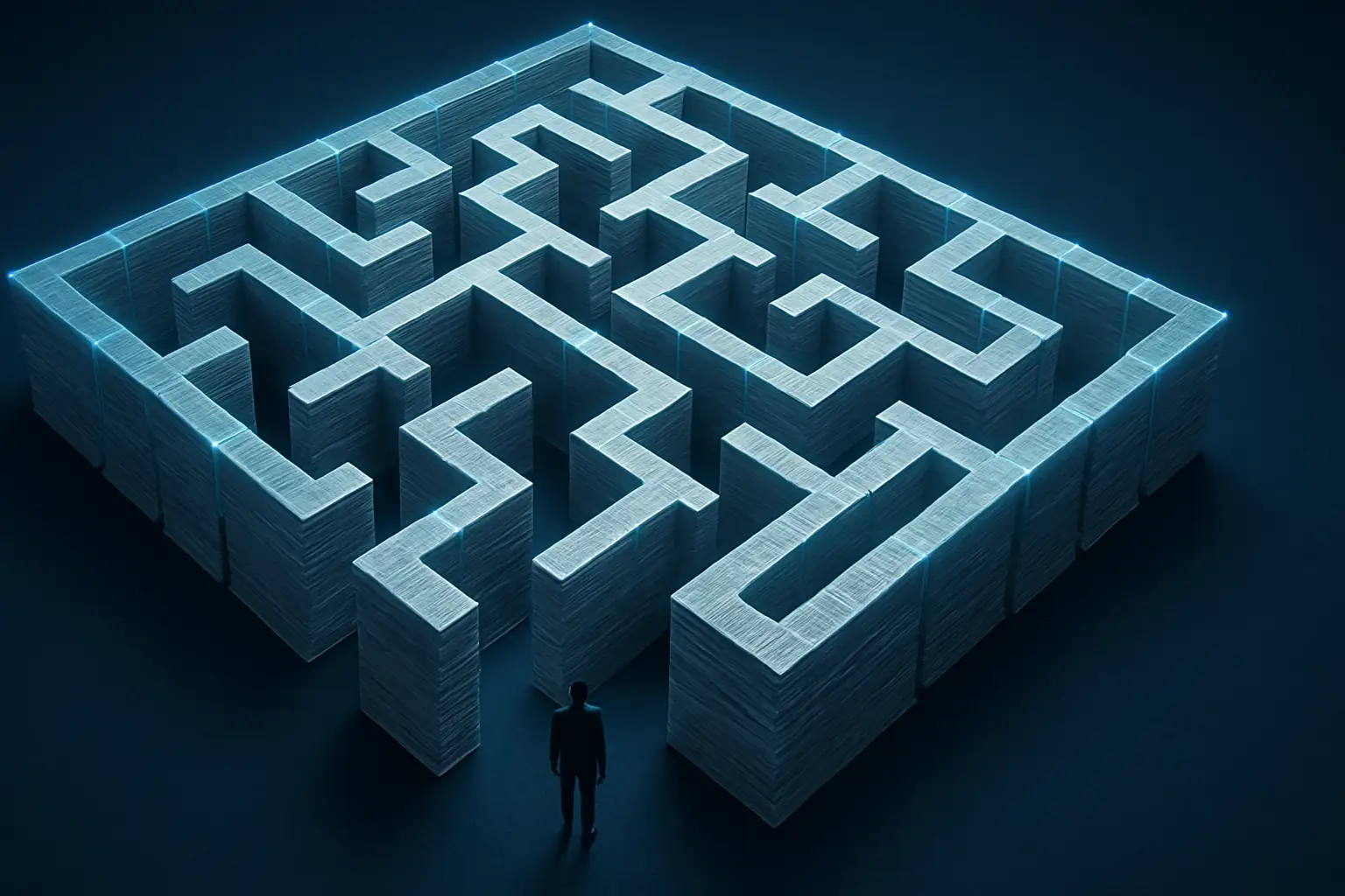 A maze made of glowing regulatory documents and crypto symbols representing U.S. digital asset policy confusion