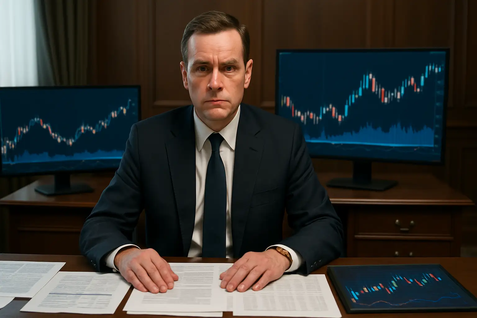Federal regulator at a desk reviewing cryptocurrency market documents with policy papers in the background