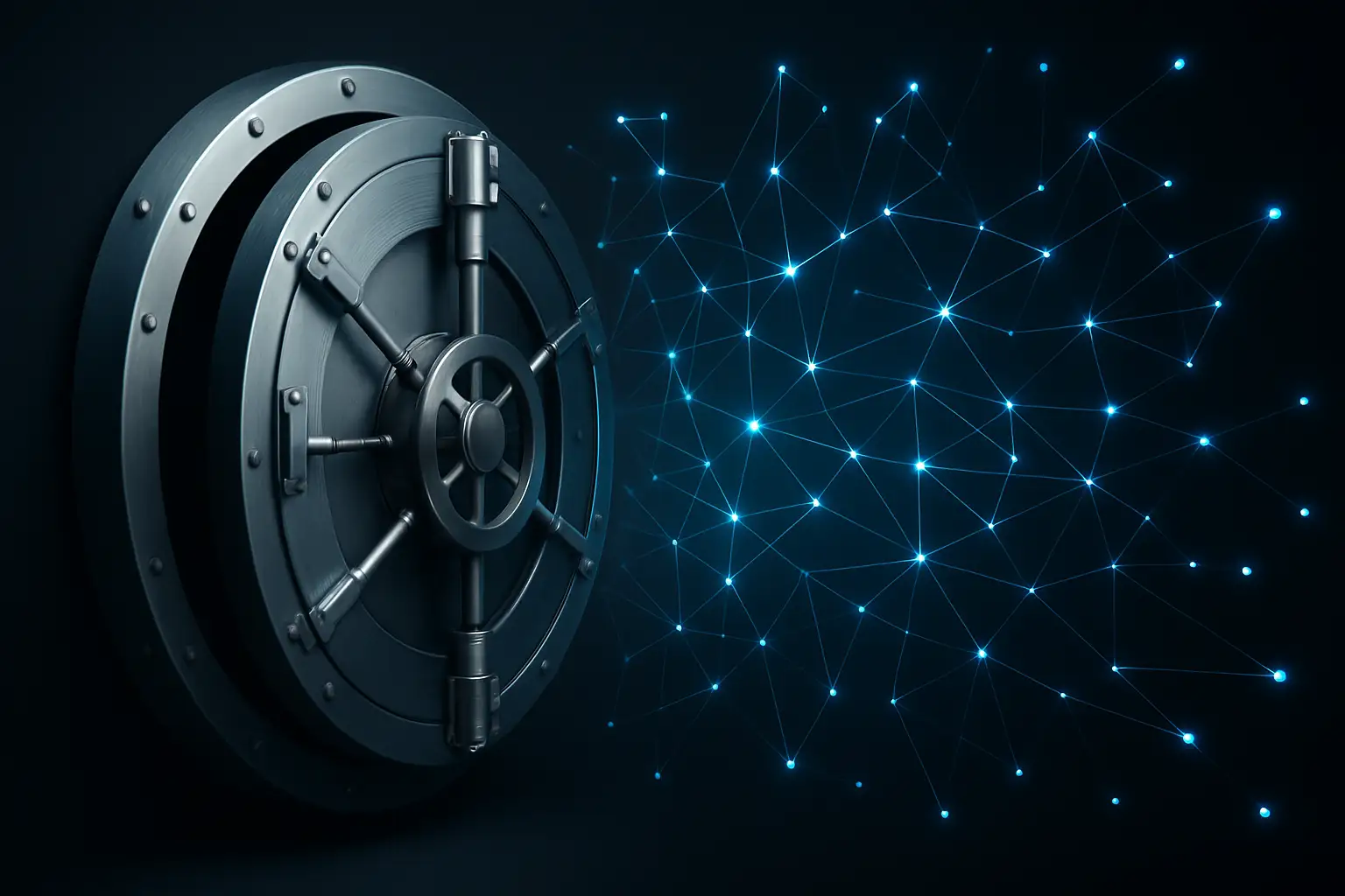 A modern bank vault door blending into a digital blockchain network graphic