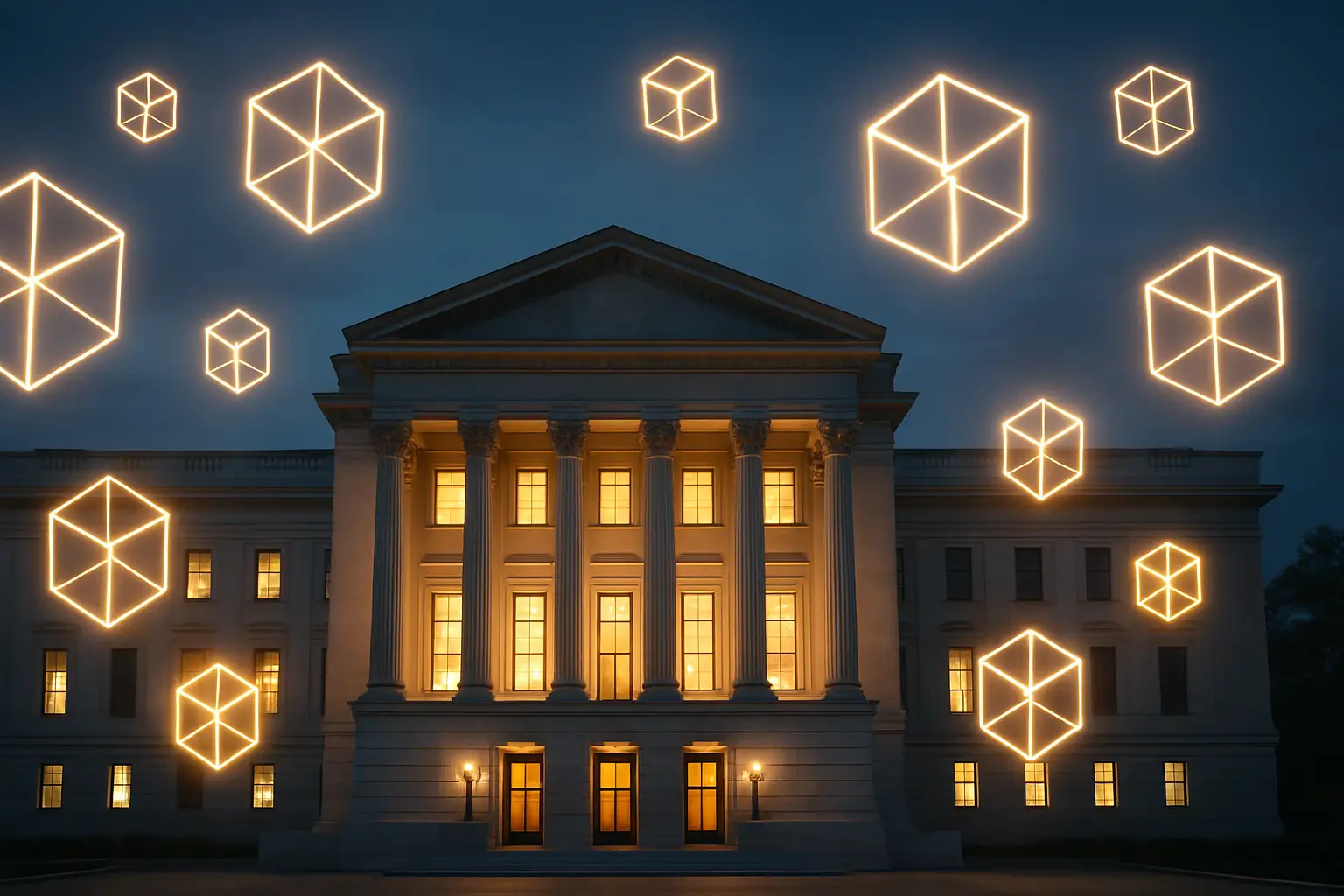 U.S. Capitol building with digital currency symbols floating around it representing crypto regulation uncertainty
