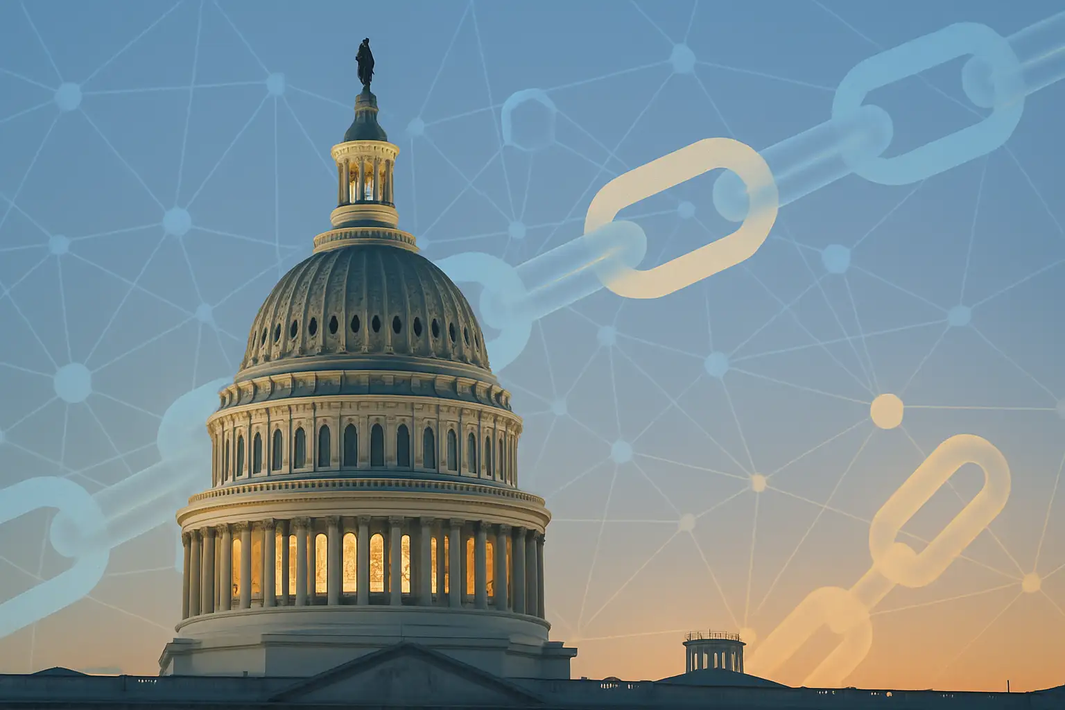 U.S. Capitol building with digital asset symbols representing crypto regulation legislation