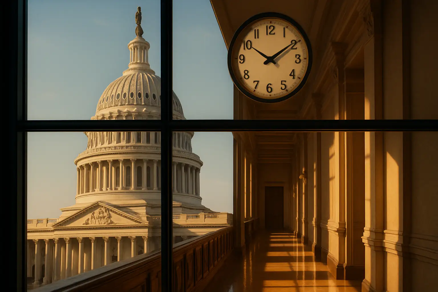 U.S. Capitol building with a symbolic clock showing time running out on crypto legislation