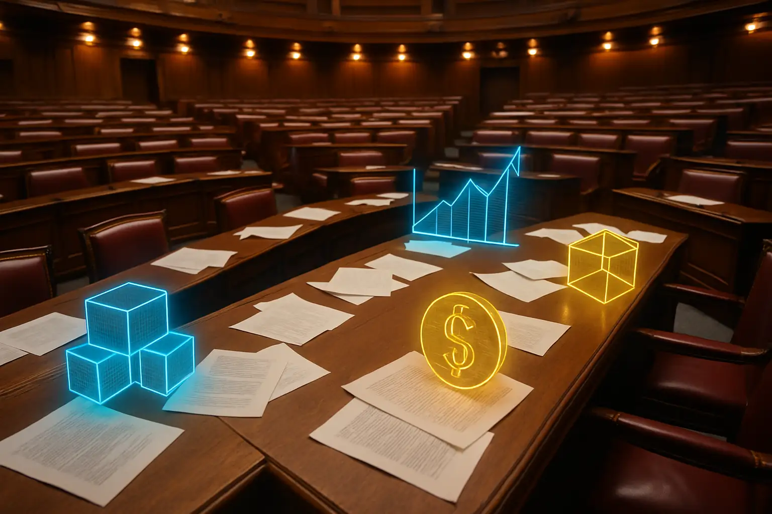 US Senate chamber with digital currency symbols overlaid on legislative documents