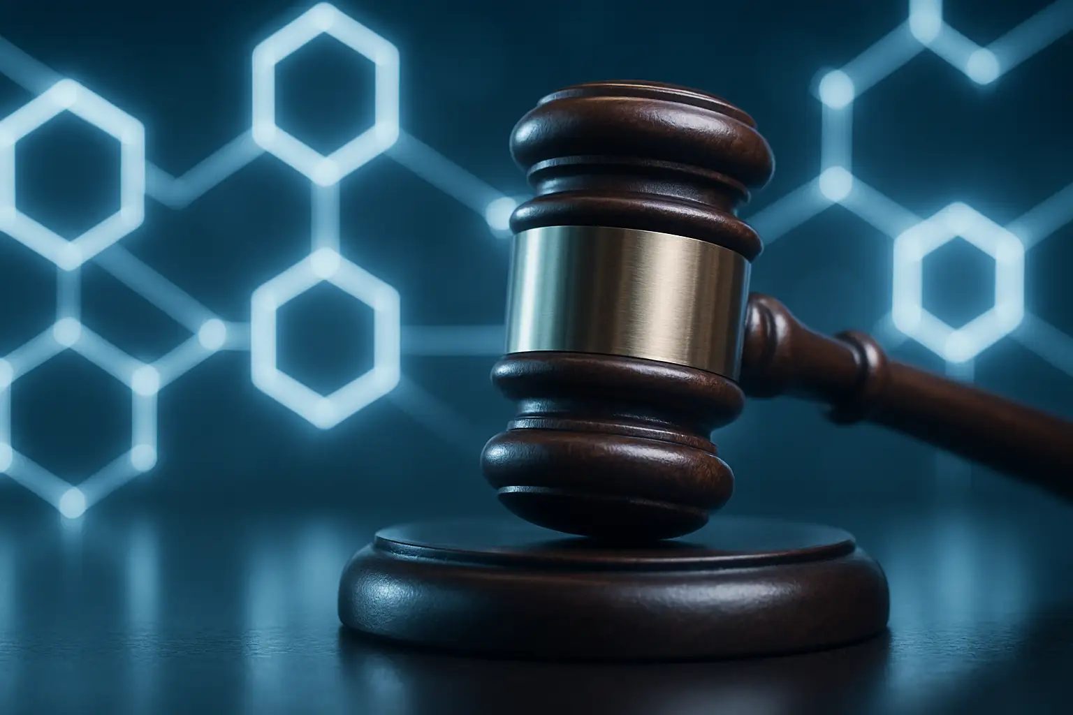 Abstract representation of a legal gavel alongside blockchain network graphics symbolizing a crypto lawsuit