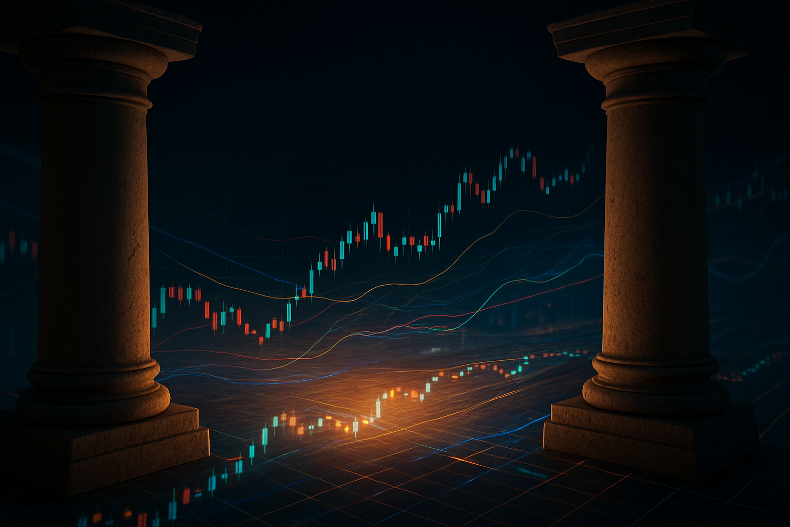 Abstract illustration of two institutional pillars facing off over a digital financial market interface
