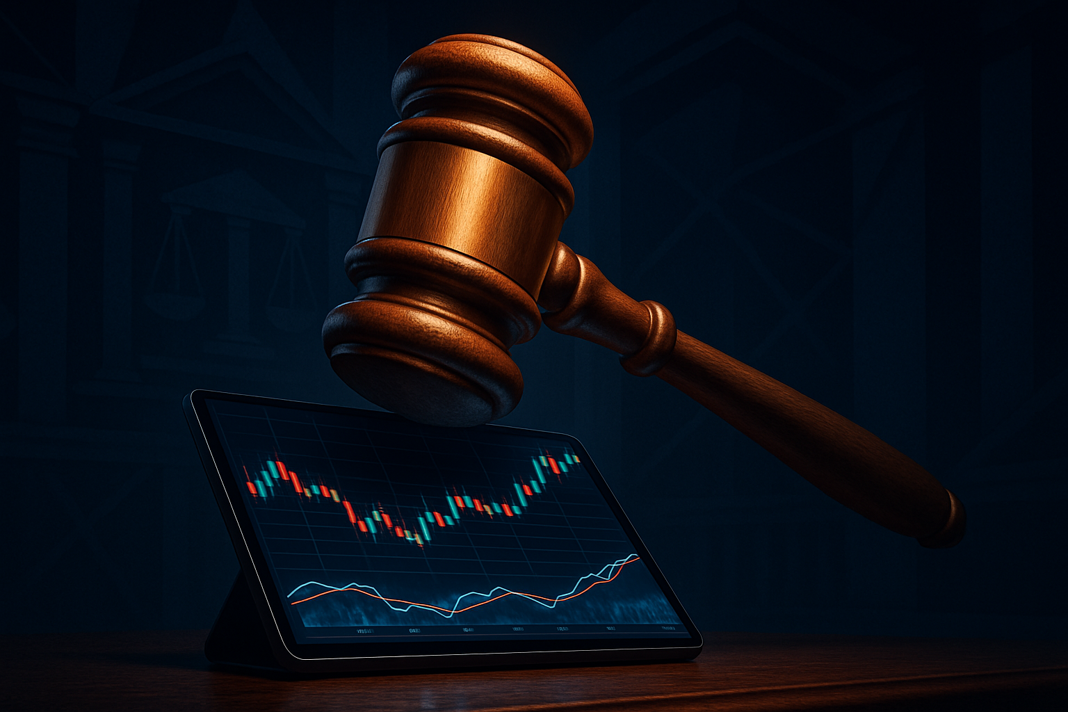 Abstract illustration of a legal gavel hovering over a digital trading chart with glowing crypto market data