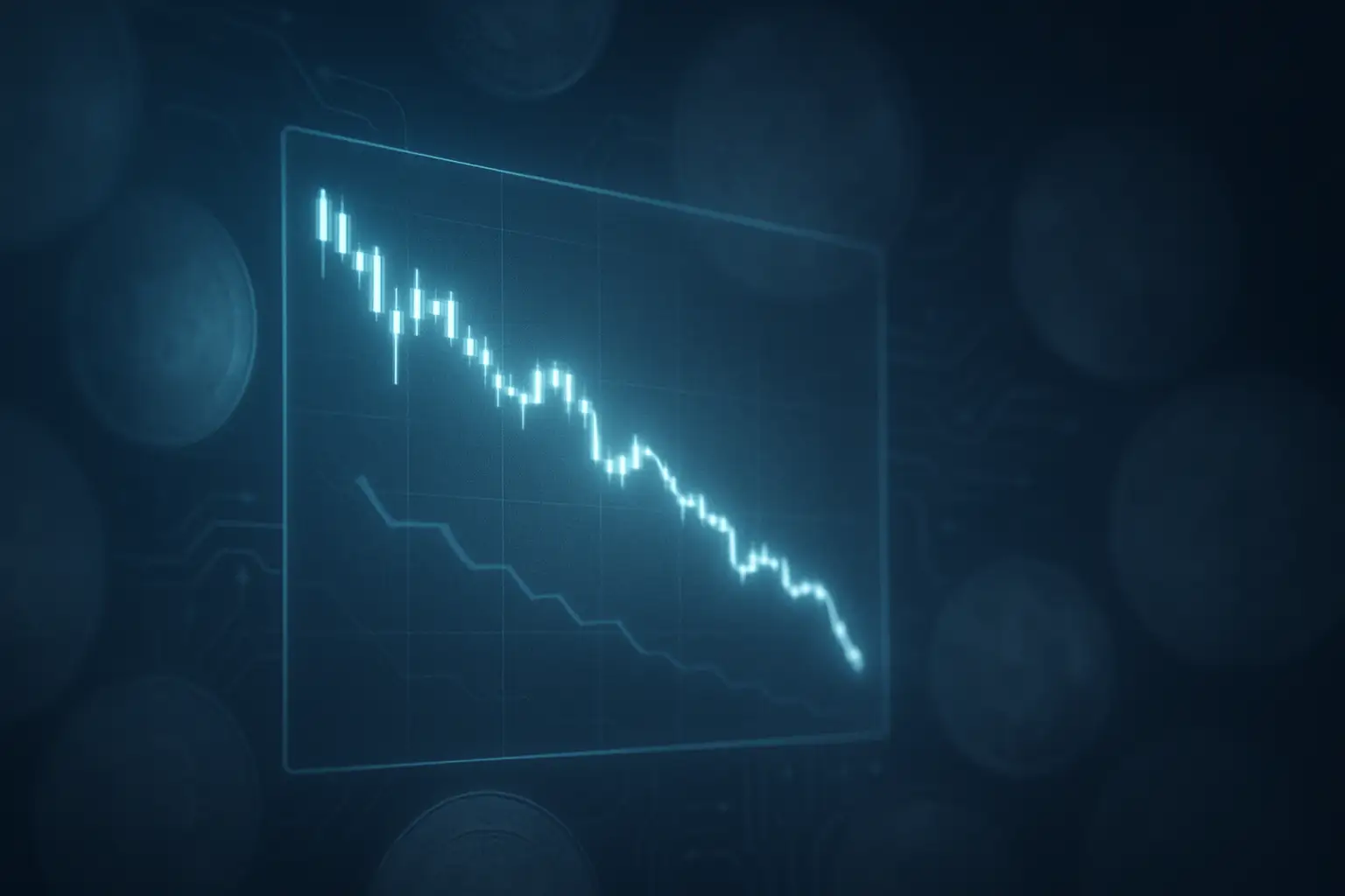 Digital trading chart showing declining crypto exchange volumes with coins in the background