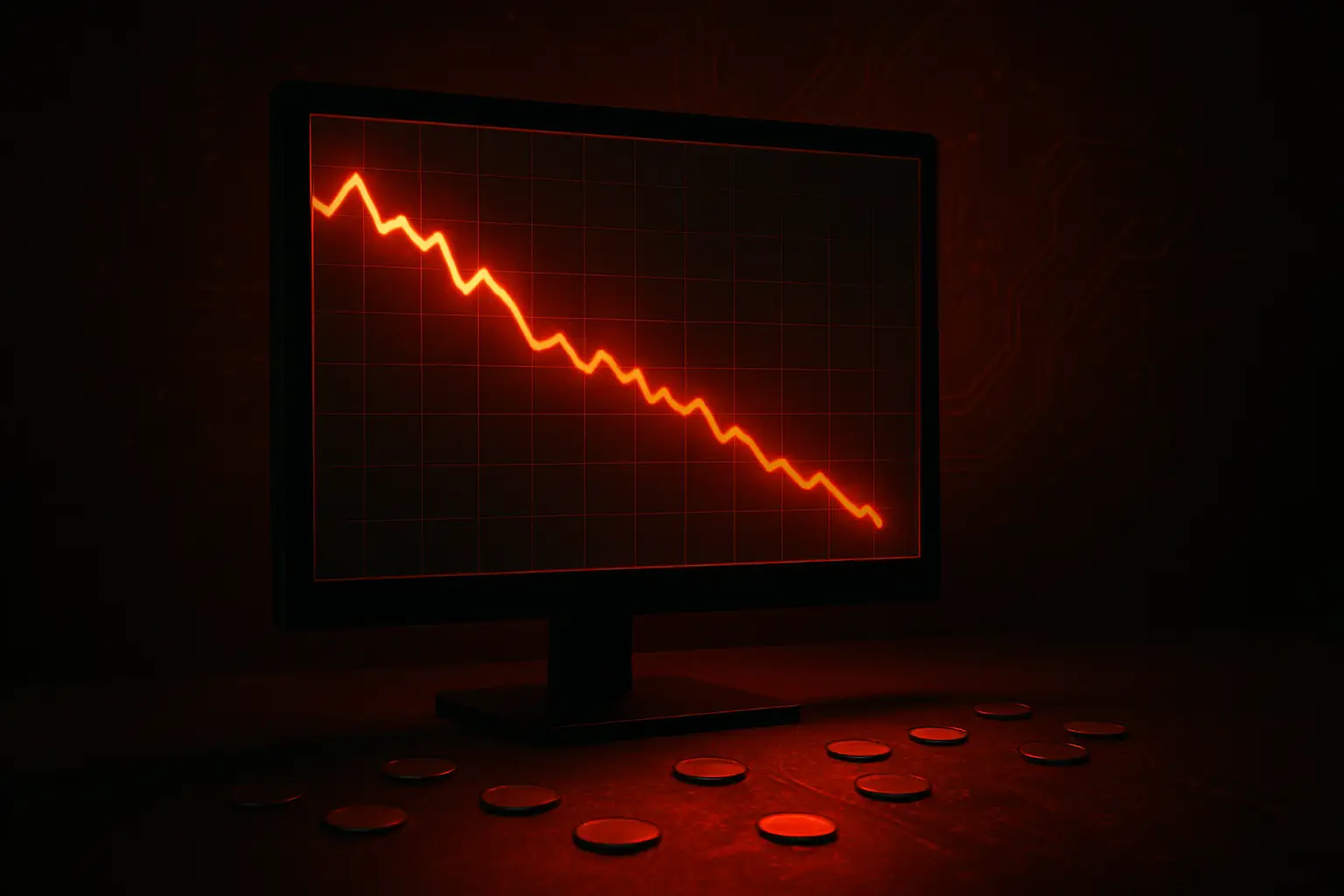 A digital trading screen displaying declining crypto market charts with the Coinbase brand color palette in the background
