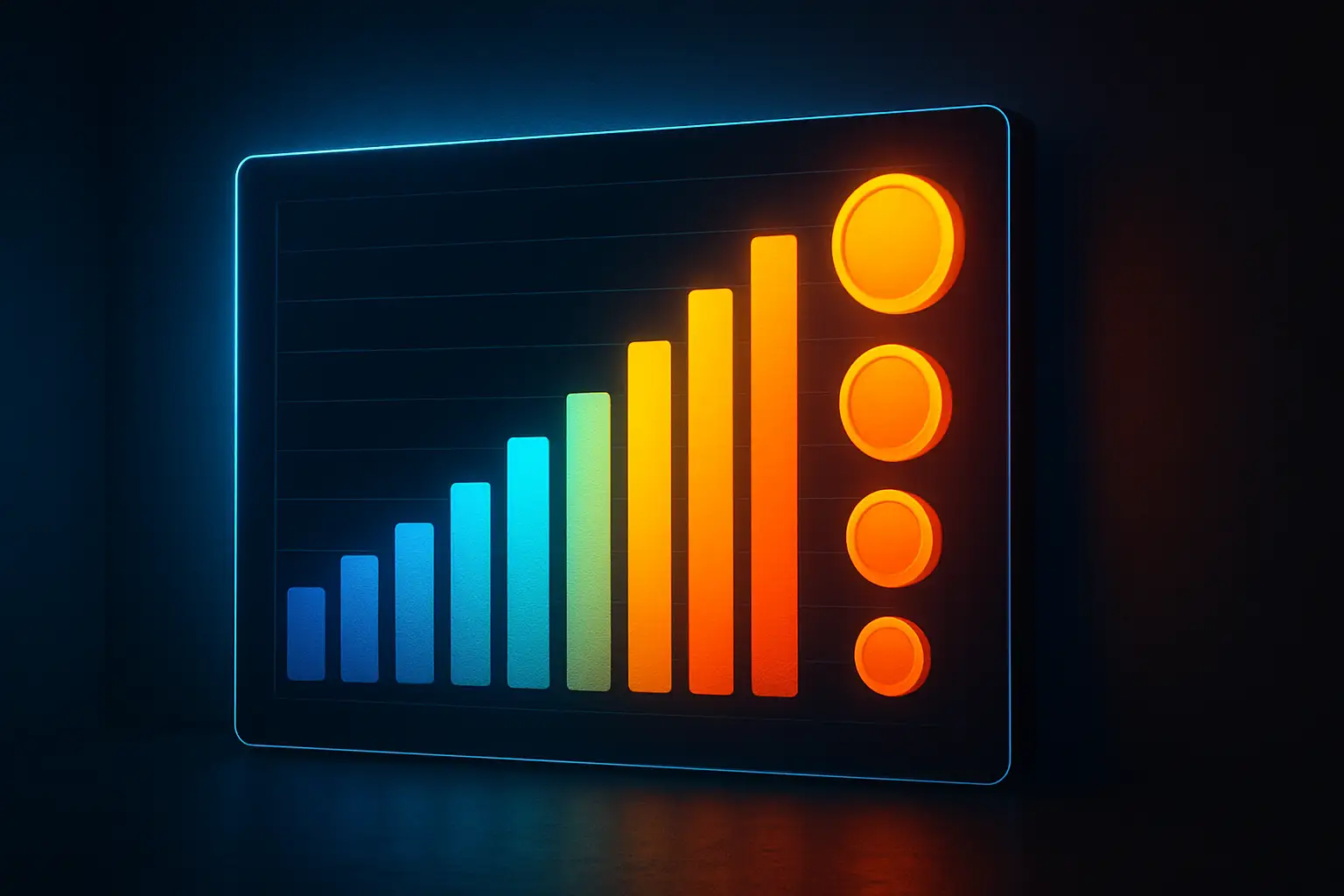 Digital display showing cryptocurrency market cap rankings with colorful bar charts