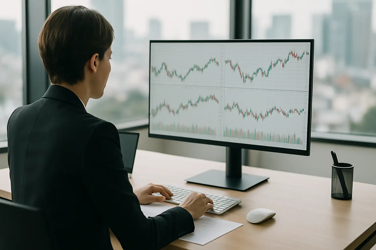 UK financial adviser at a desk reviewing digital asset charts on a screen