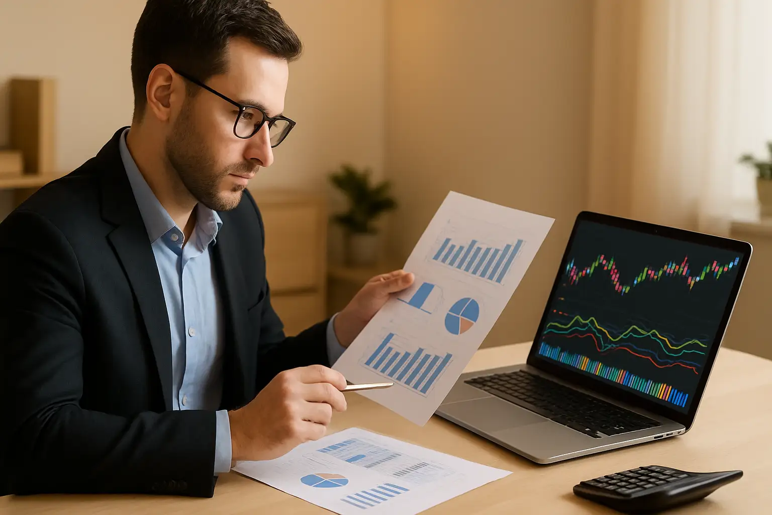 A certified public accountant reviewing cryptocurrency financial documents on a desk with digital charts in the background