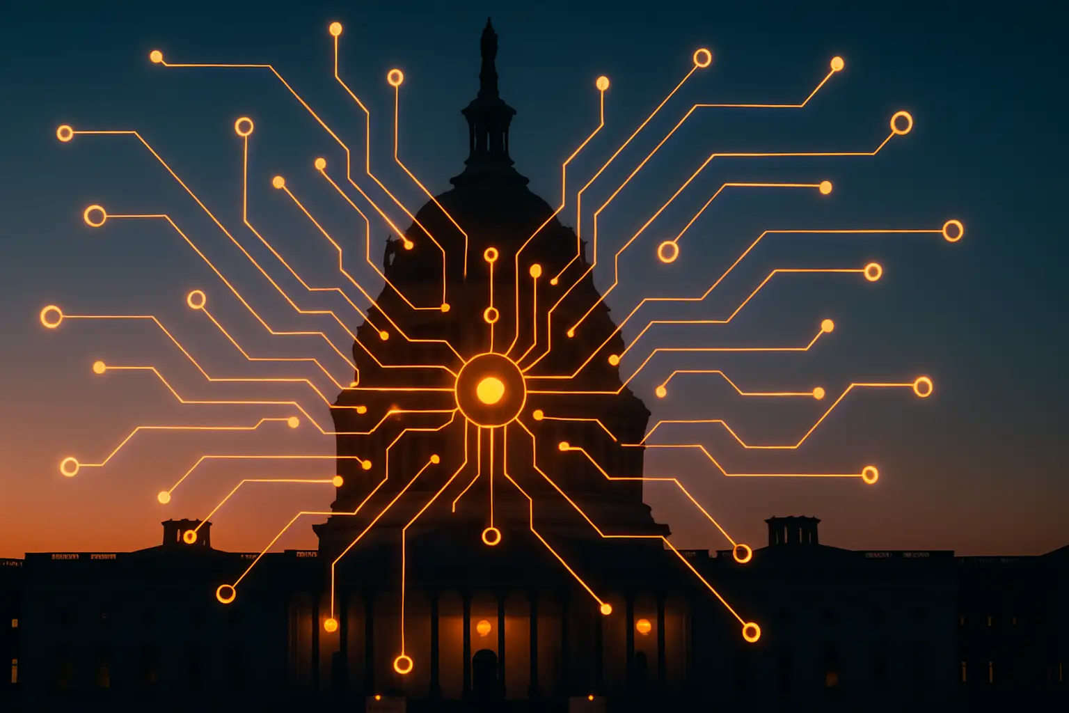 Digital coins and circuit board elements surrounding the US Capitol building at dusk