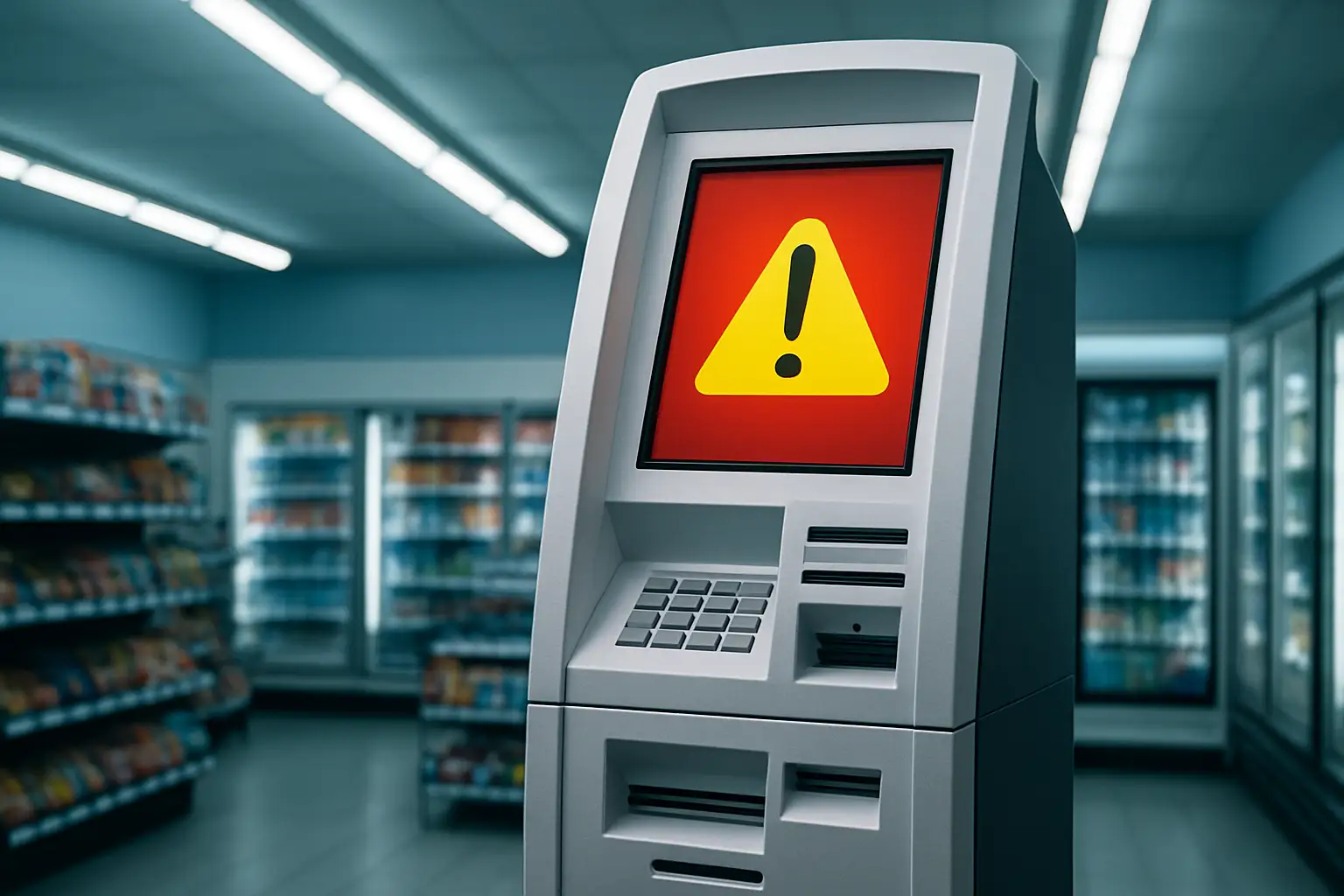 A crypto ATM kiosk in a convenience store with a warning sign on the screen