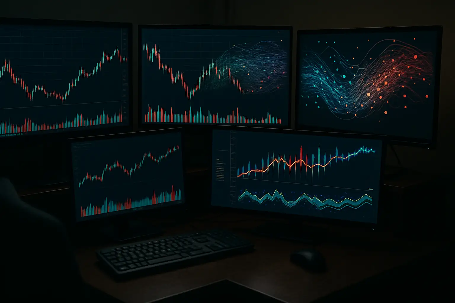 Glowing crypto market data streams and sentiment signals on a dark digital dashboard