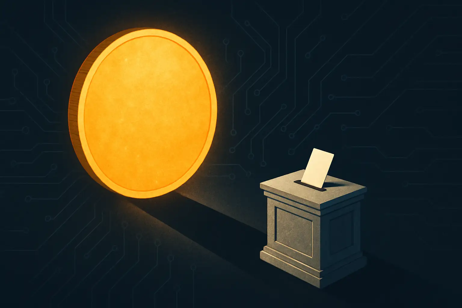 Abstract illustration of digital coins connected to a voting ballot box by glowing network lines
