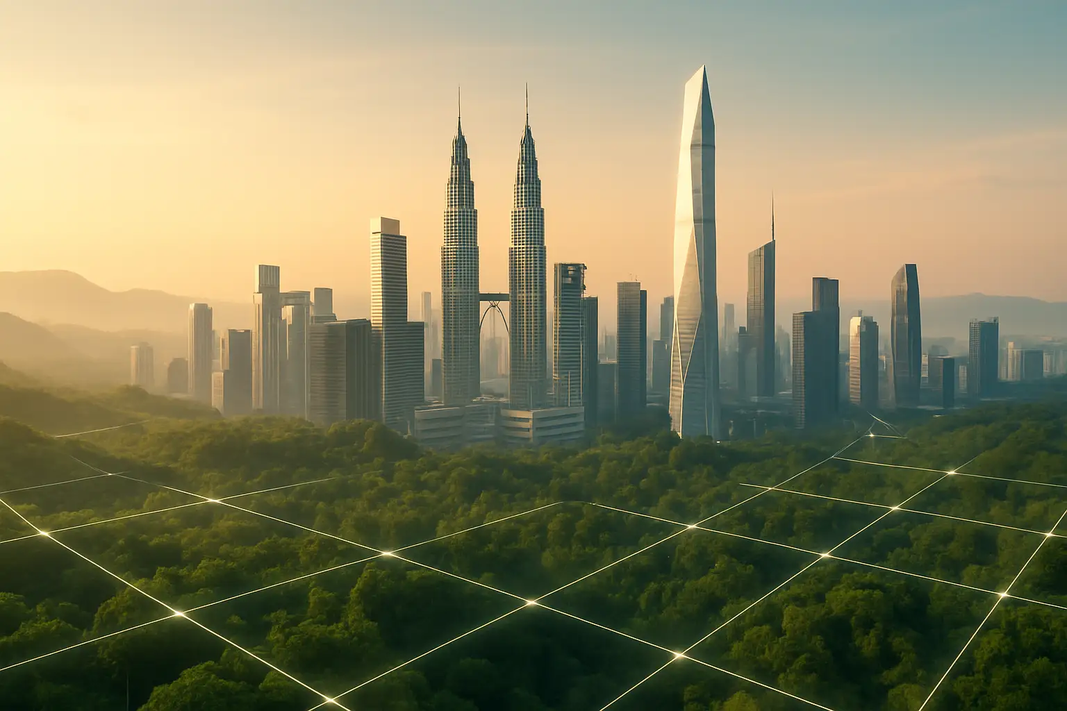 Futuristic planned city skyline over Malaysian landscape with digital network overlay