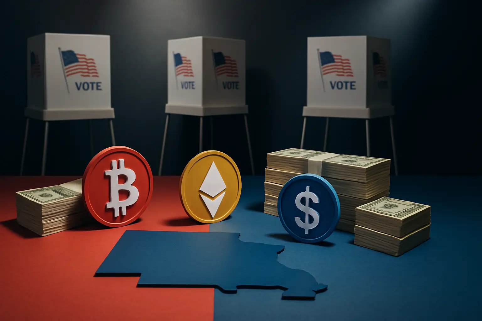 Stacks of coins and ballot boxes on a map of Maryland representing outside money in congressional races