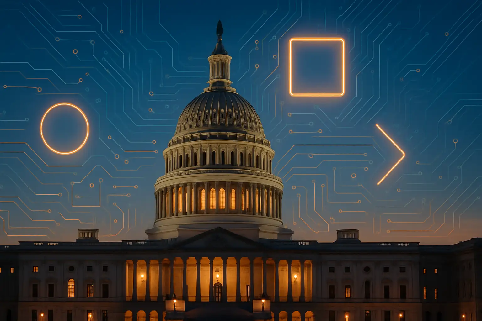 Capitol building with digital currency symbols floating around it representing crypto legislation