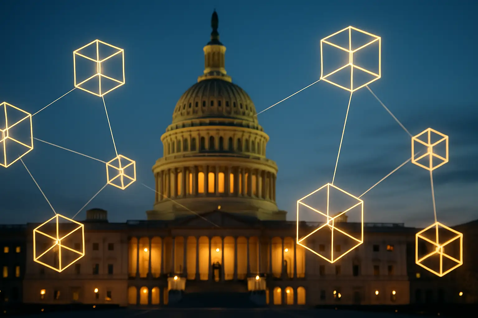 Capitol building with digital currency symbols overlaid on a blue sky background