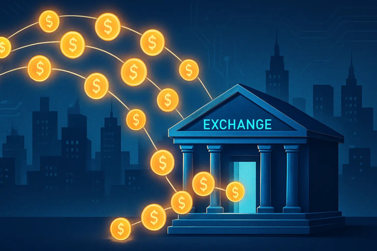 Abstract illustration of a large capital investment flowing into a cryptocurrency exchange platform