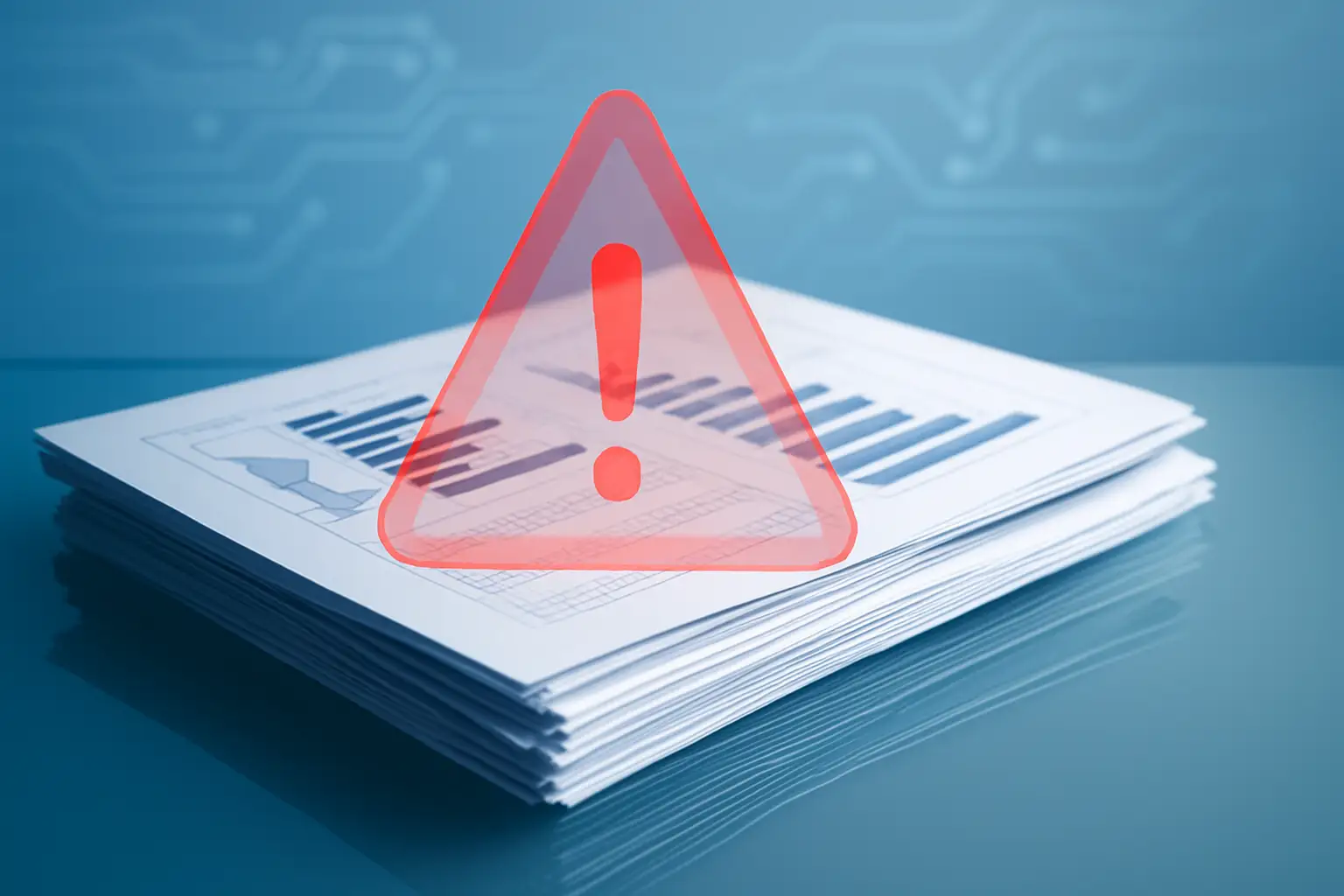 Abstract representation of financial documents with a warning symbol over a digital asset background
