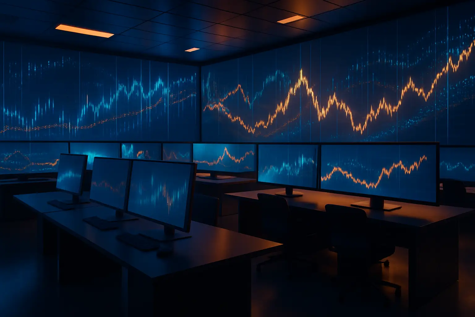 Digital trading screens showing cryptocurrency and stock market data side by side in a modern financial environment
