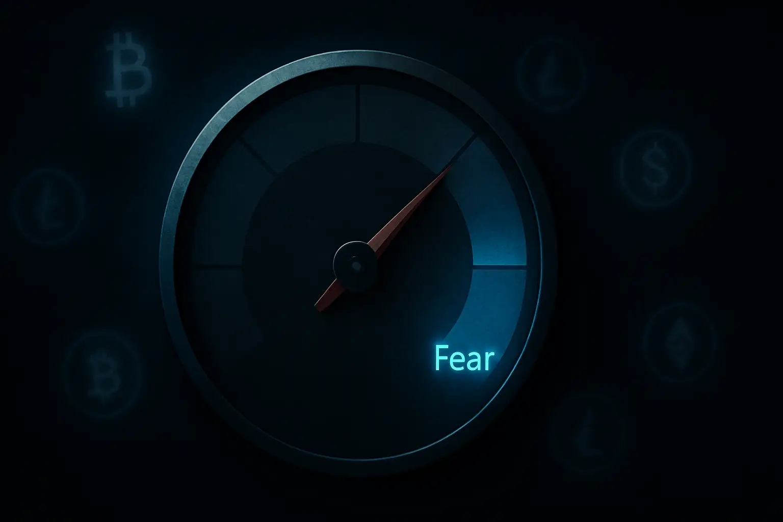 A digital gauge showing a fear reading with crypto token icons in a dark market environment