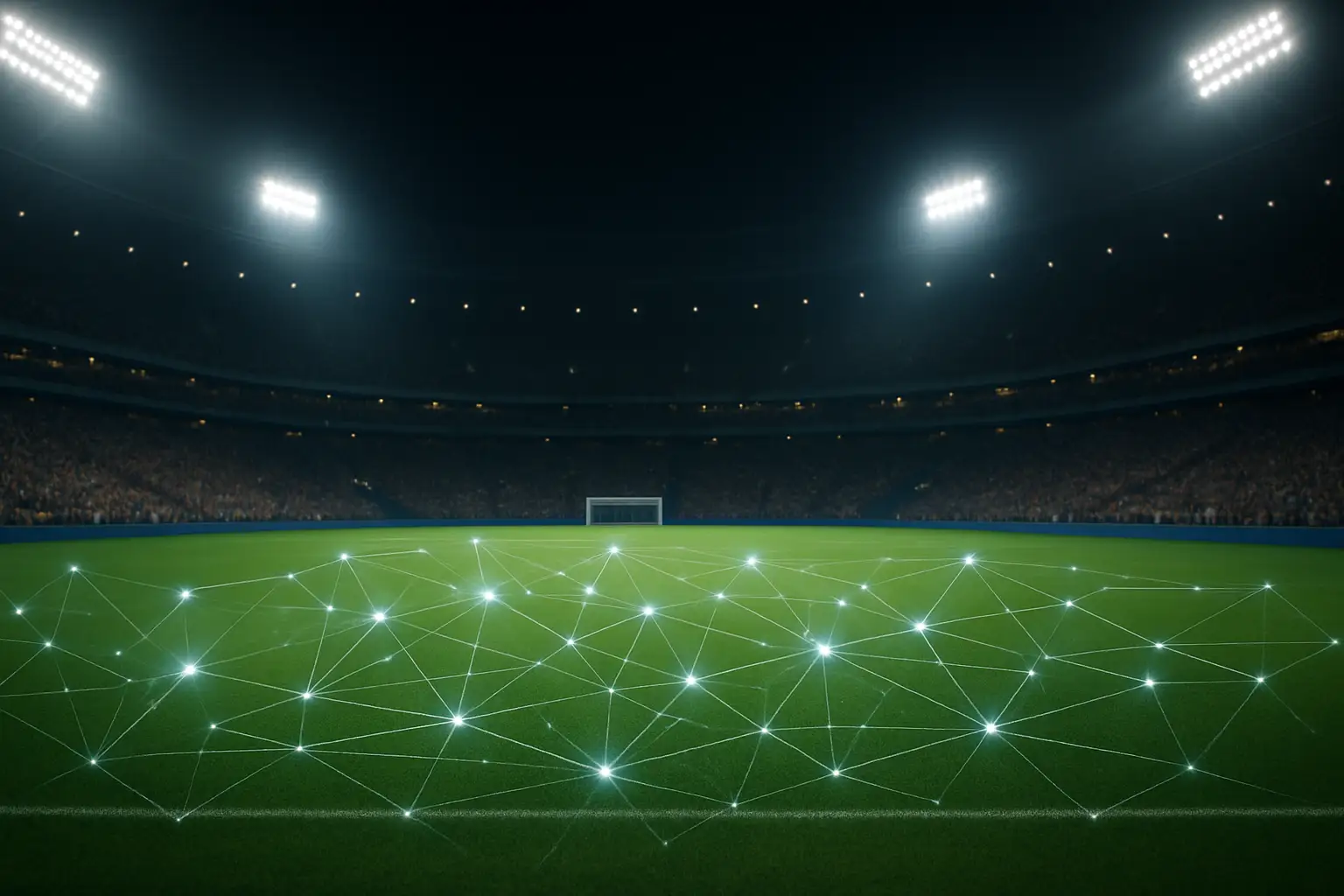 A football stadium glowing at night with digital blockchain network graphics overlaid on the pitch
