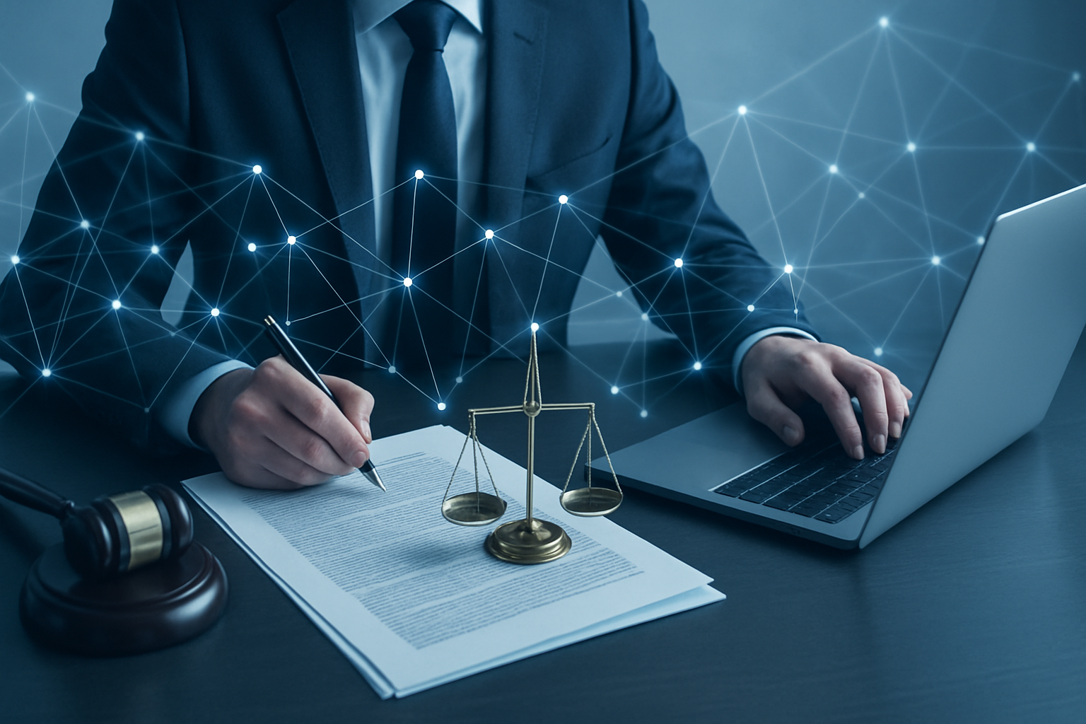 A legal professional reviewing blockchain code and regulatory documents at a modern desk