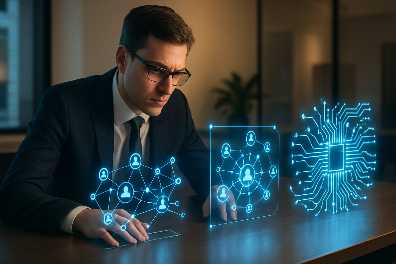 A lawyer reviewing blockchain diagrams and smart contract code at a modern desk