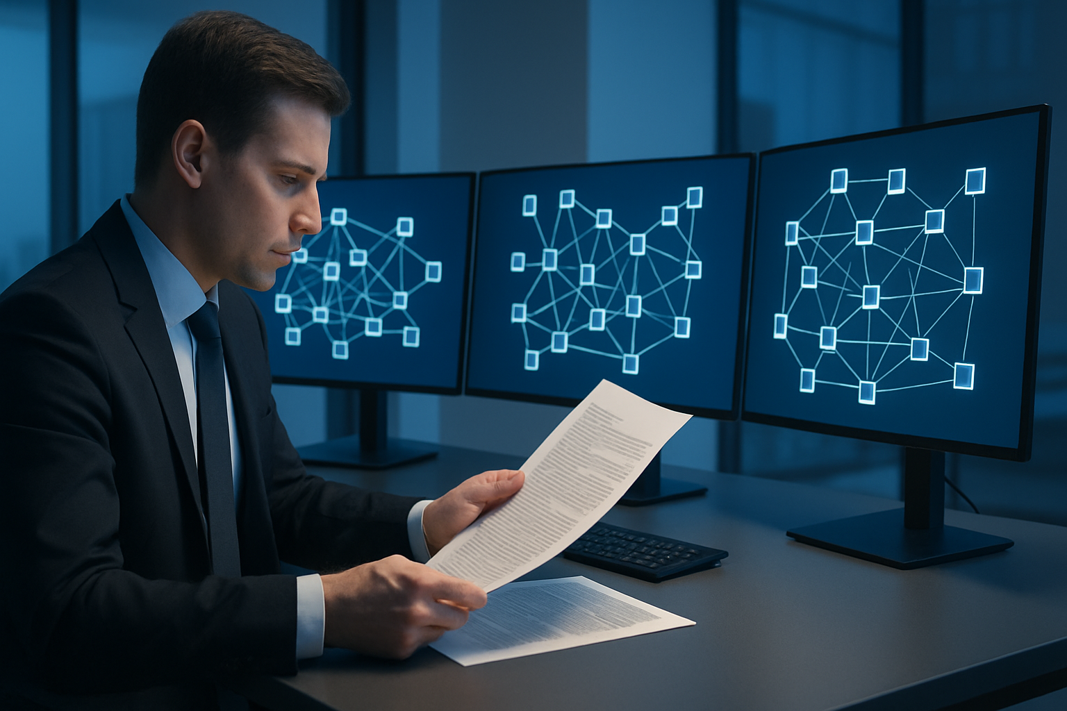 A legal professional reviewing blockchain code and crypto compliance documents at a modern desk