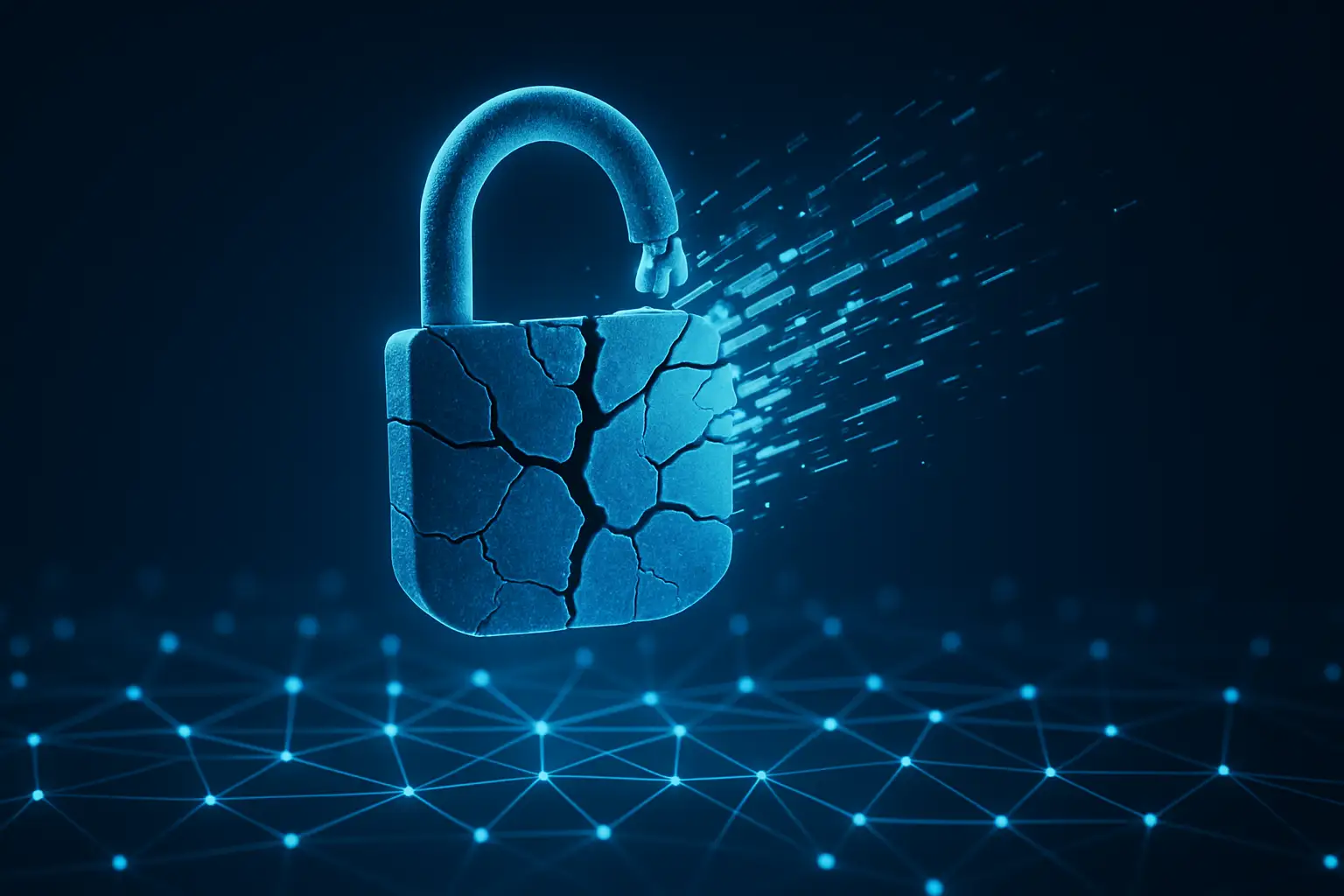 Abstract digital illustration of a broken padlock over a glowing blockchain network
