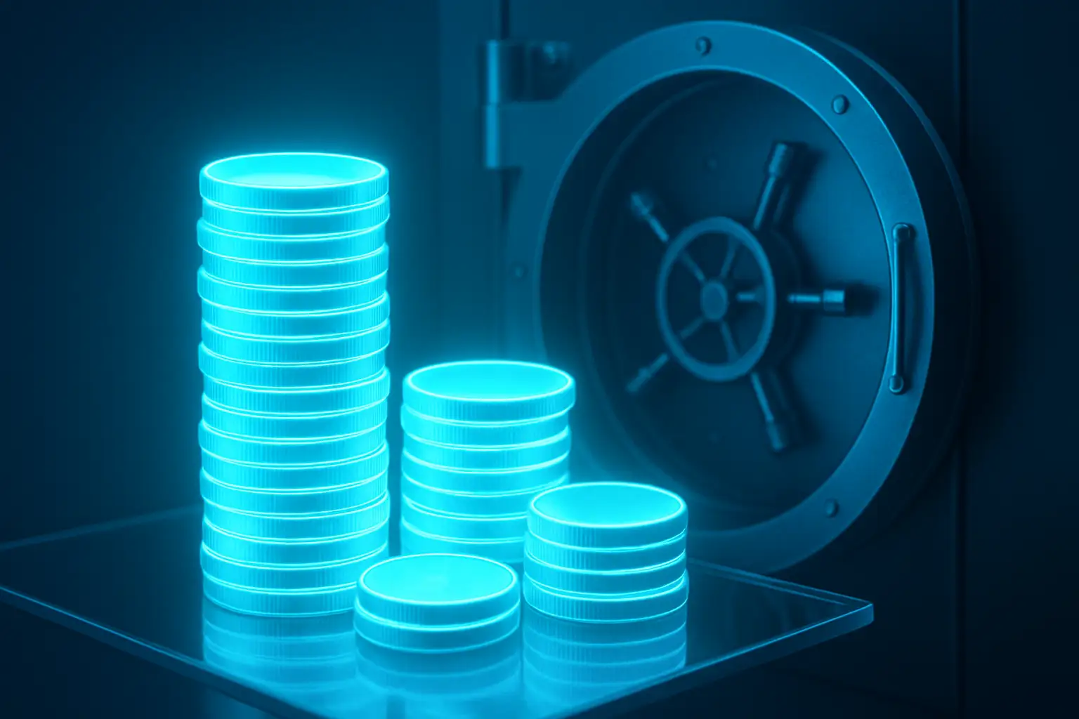 Digital coins locked behind a vault door with a loan document in front