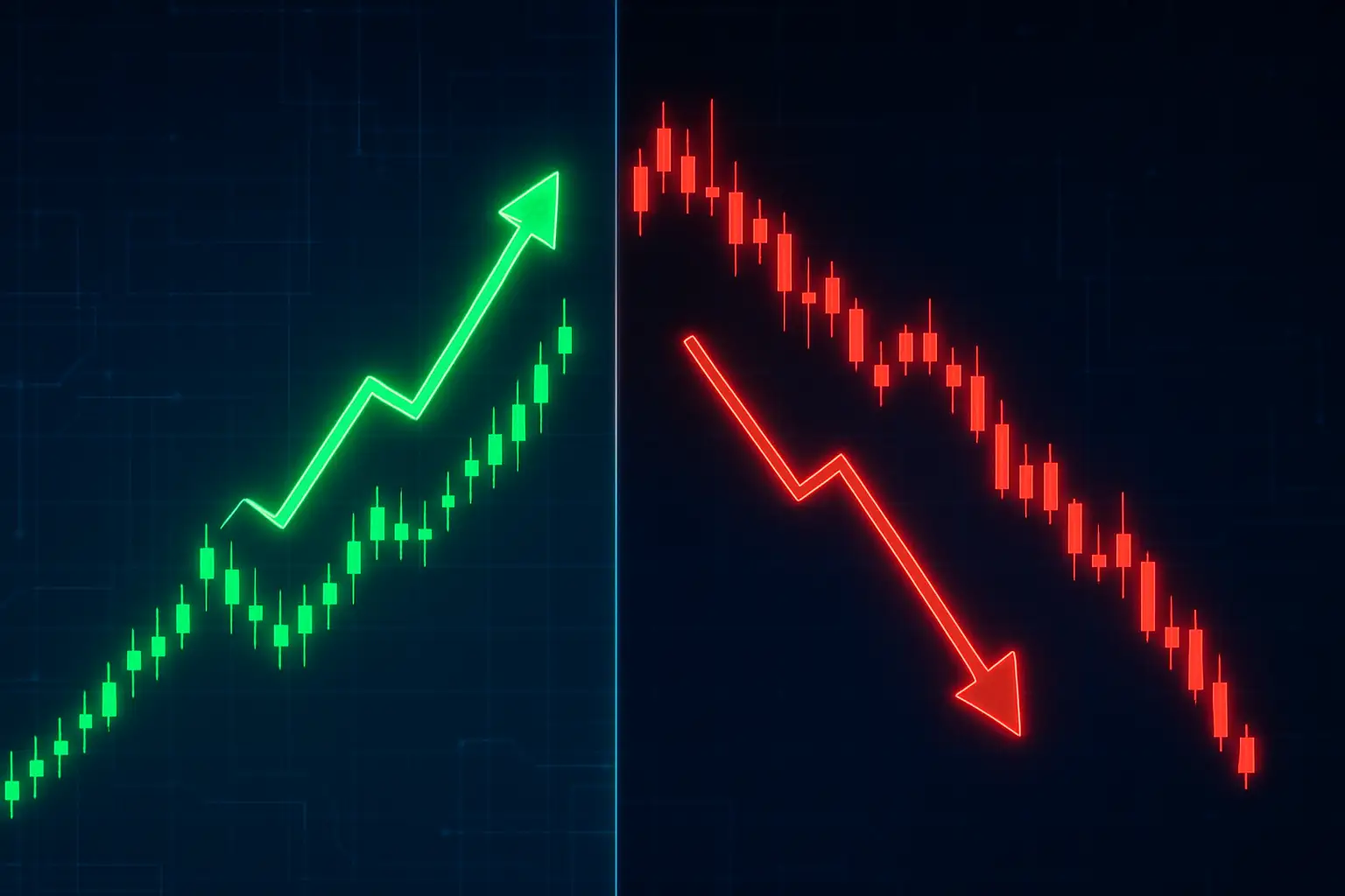 Abstract visualization of crypto market divergence with rising and falling token charts