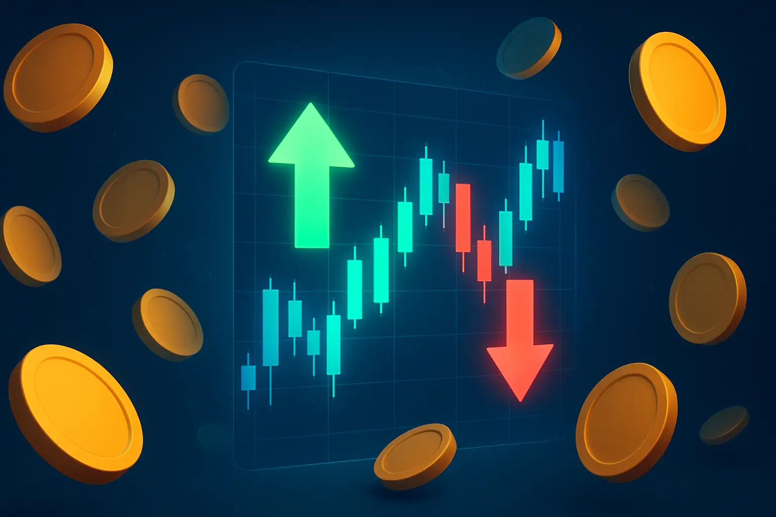 Abstract visualization of crypto tokens rising and falling on a digital market display
