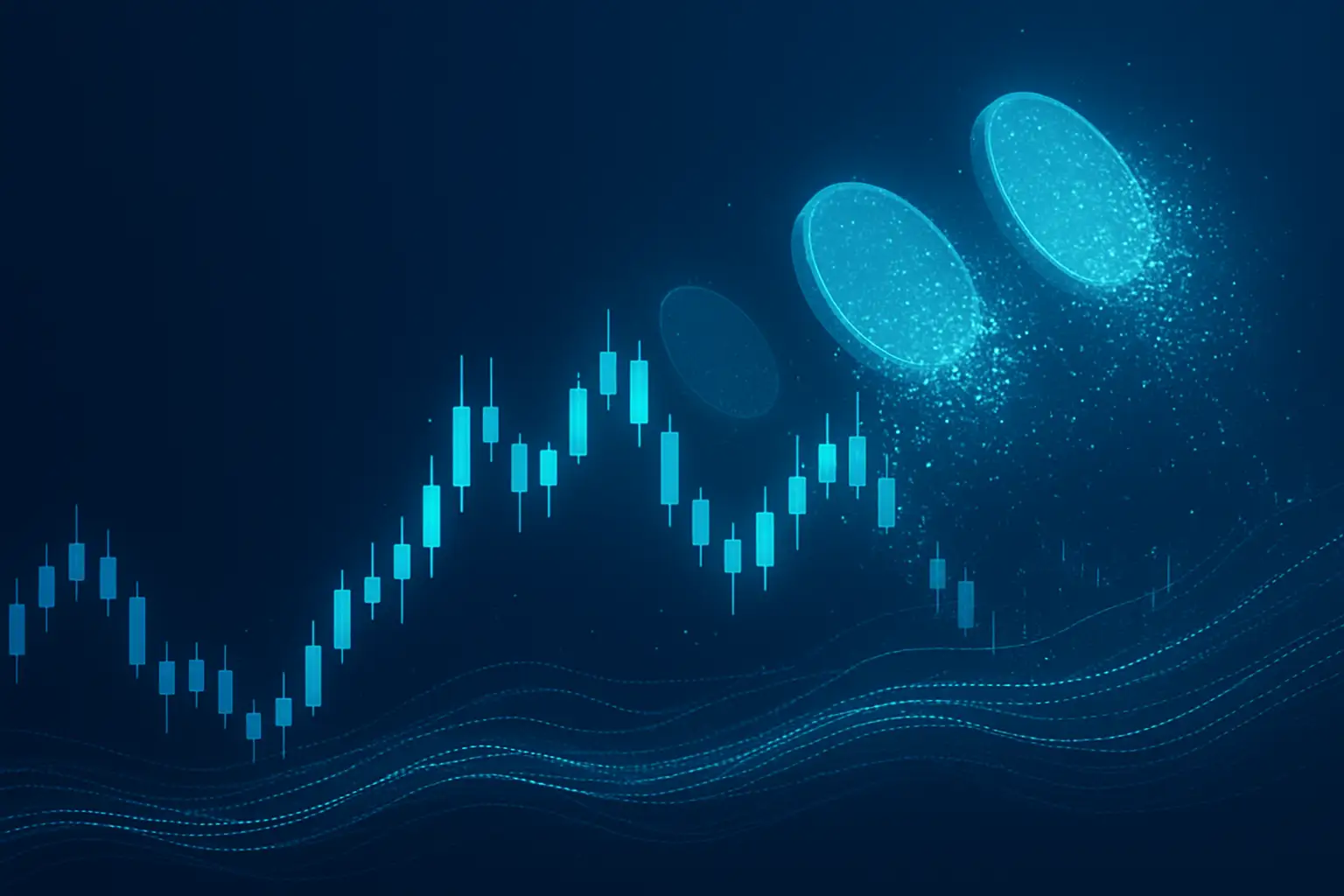 Abstract visualization of cryptocurrency market data and chart lines glowing on a dark background