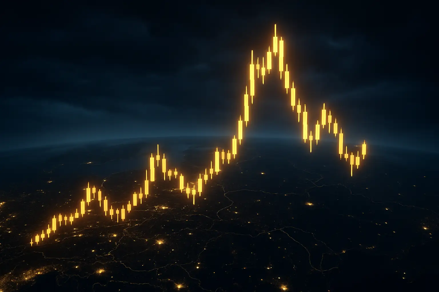 Digital cryptocurrency chart overlaid on a dark map of Eastern Europe with glowing city nodes