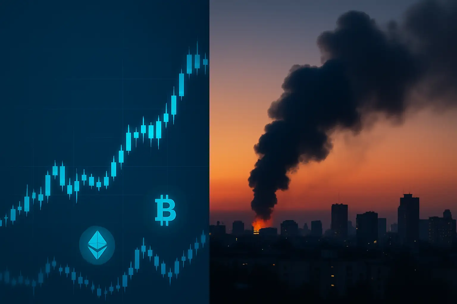 Abstract visualization of crypto market charts remaining stable against a backdrop of geopolitical tension
