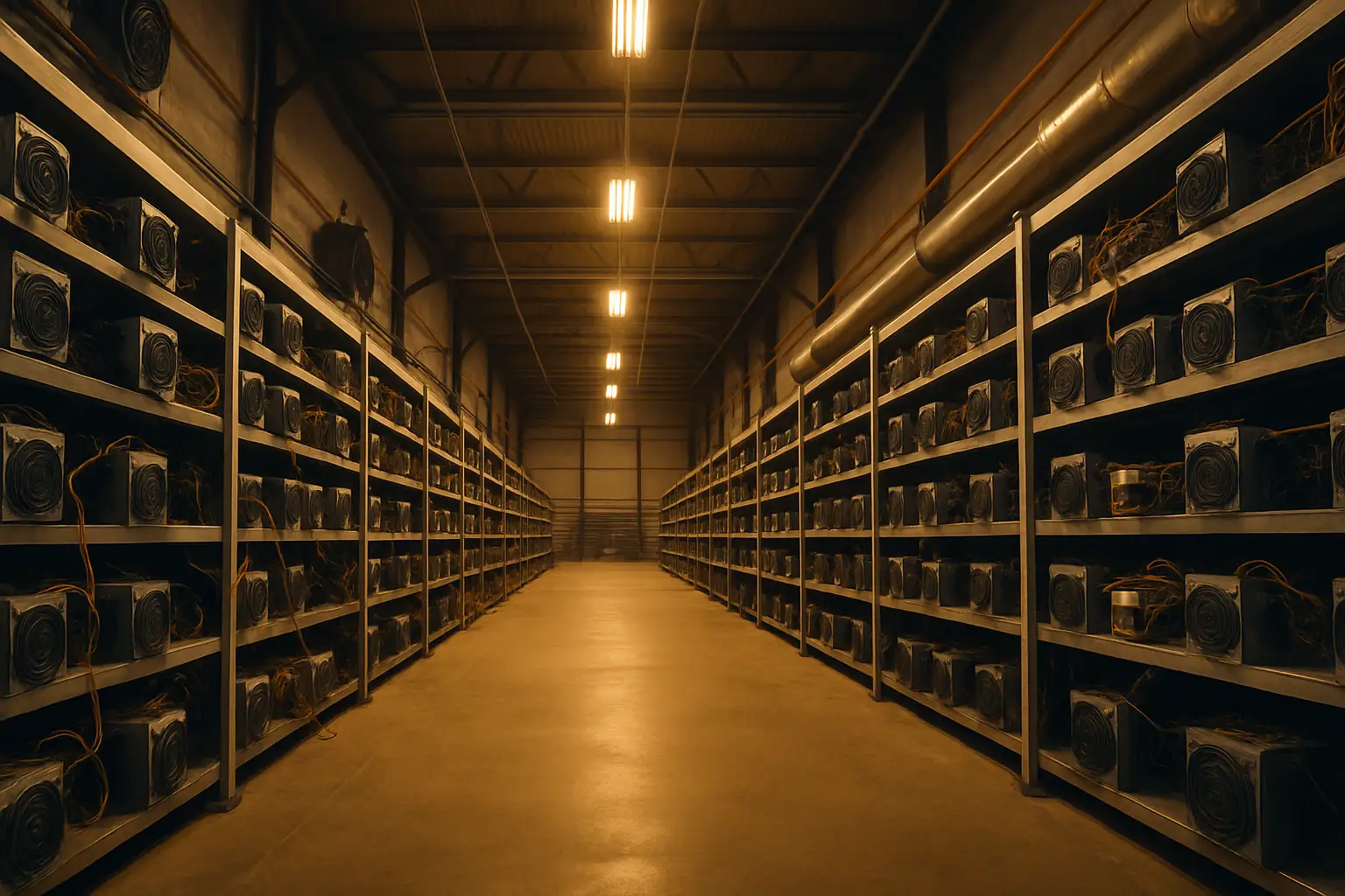 Rows of cryptocurrency mining machines inside a large industrial facility with visible power infrastructure