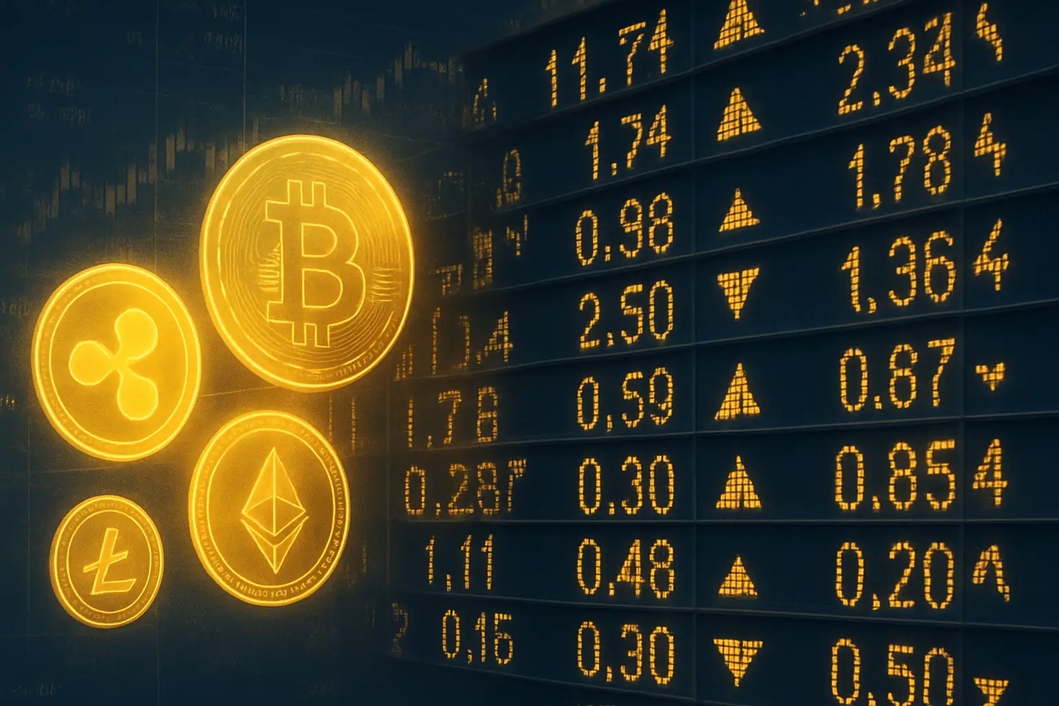 Abstract visualization of cryptocurrency coins merging with traditional financial symbols on a glowing digital grid