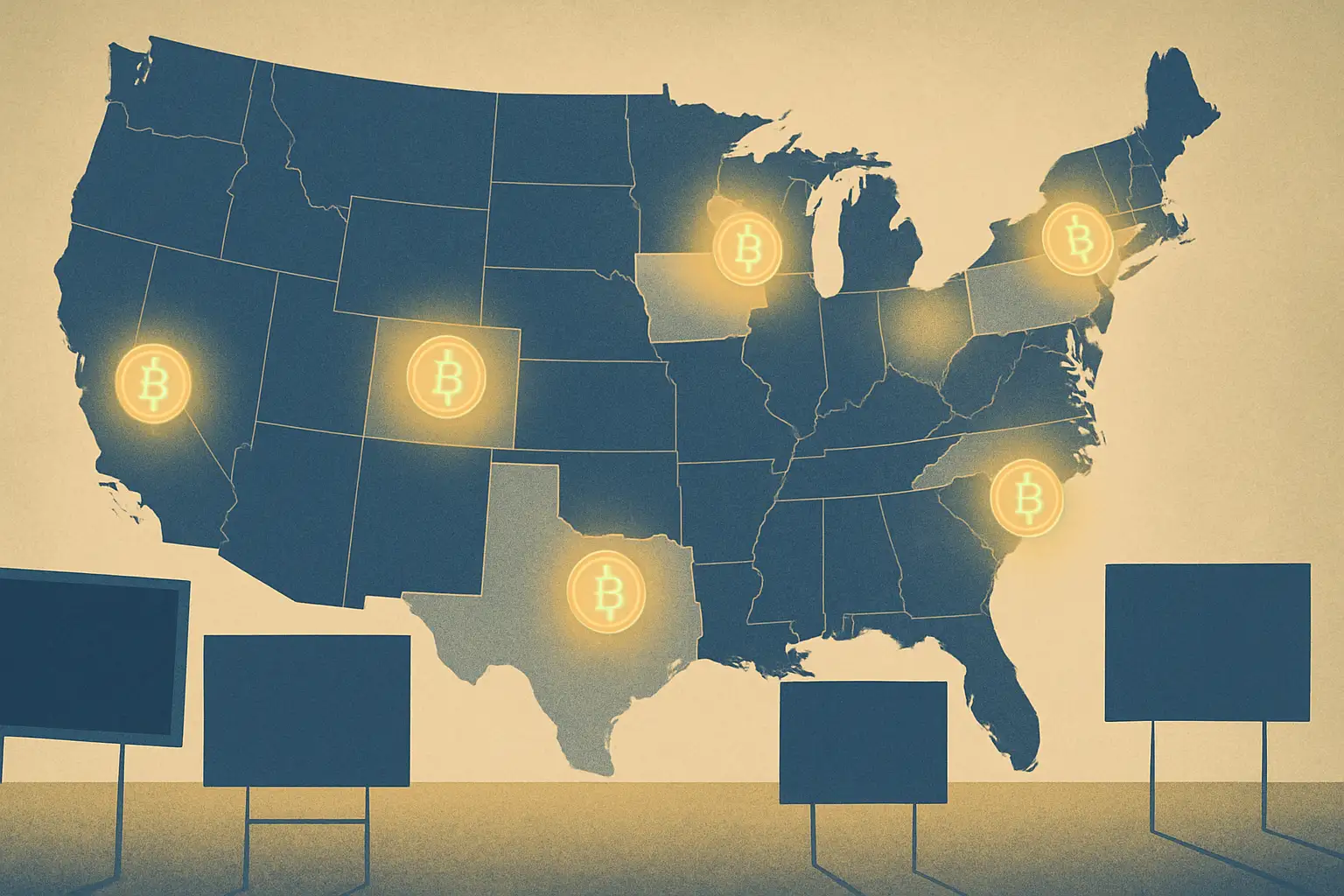 Illustration of political campaign signs alongside cryptocurrency coin symbols on a US map background