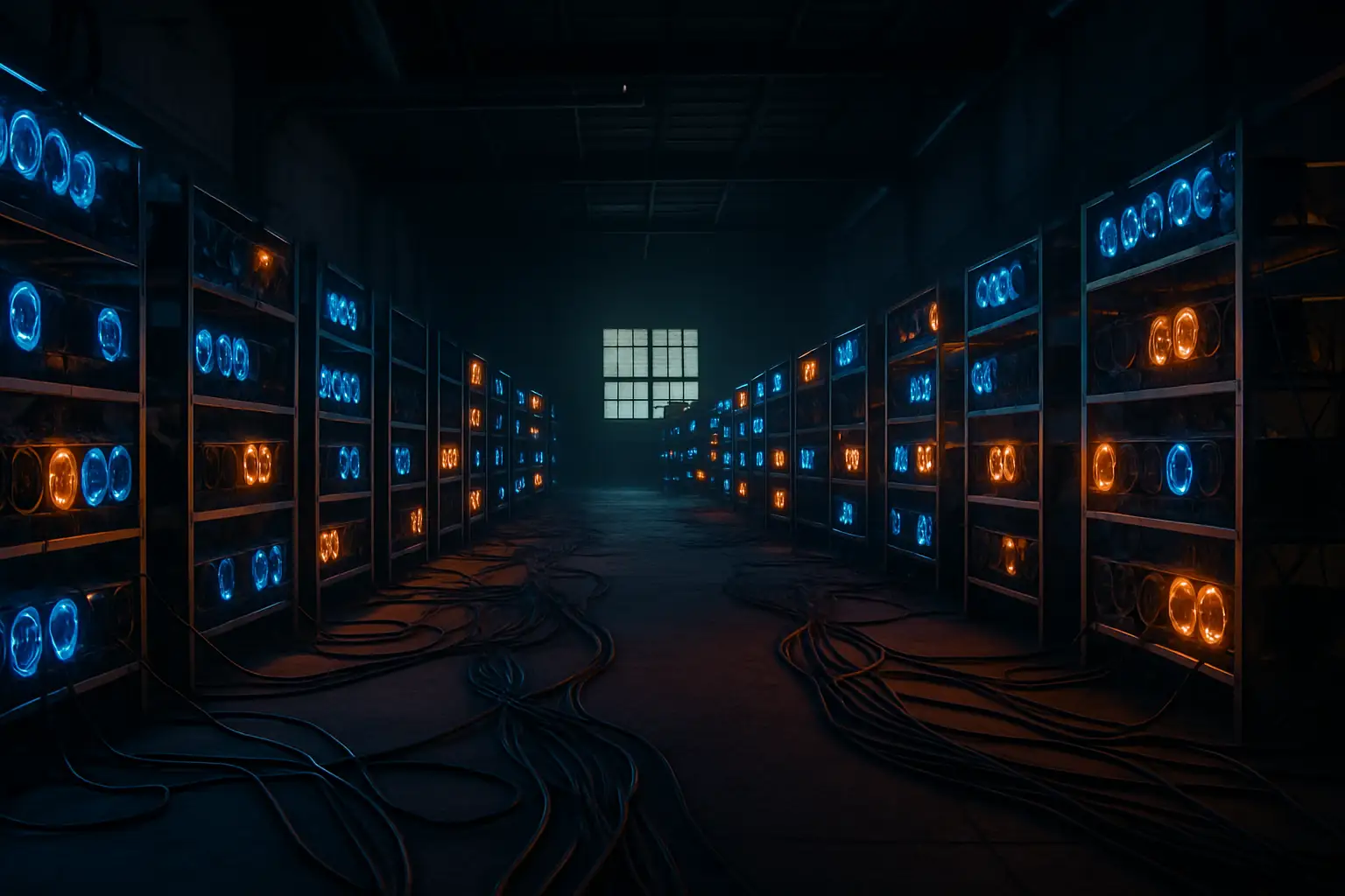 Rows of cryptocurrency mining rigs glowing in a dark warehouse with visible power cables