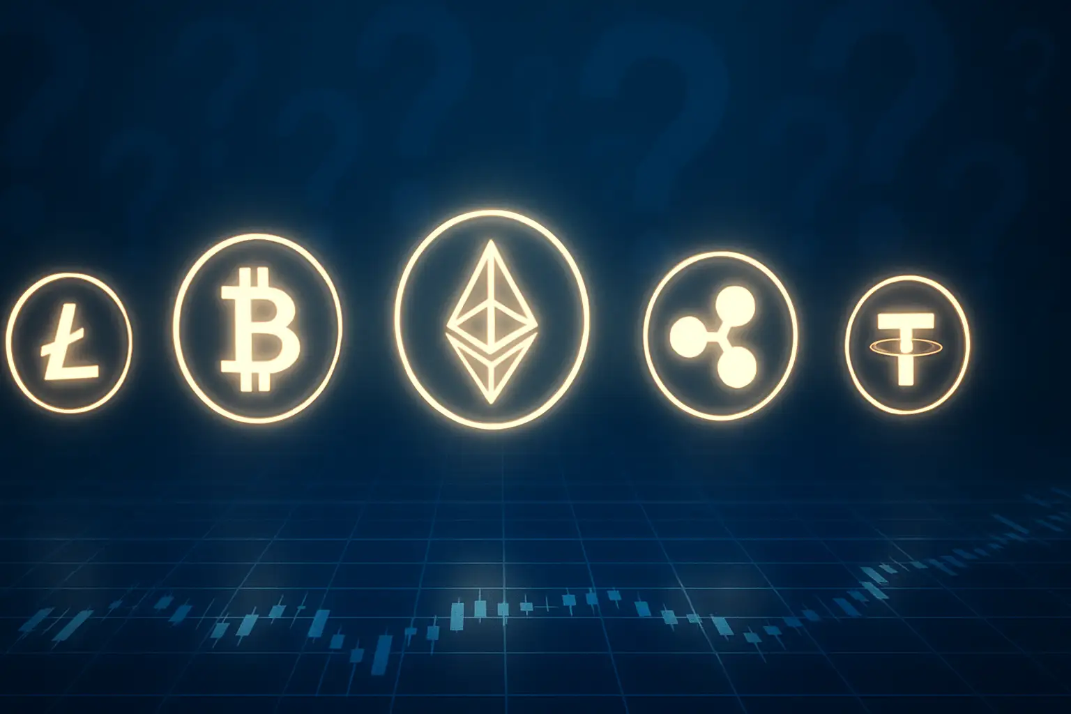 Abstract digital illustration of cryptocurrency symbols and question marks on a dark financial background