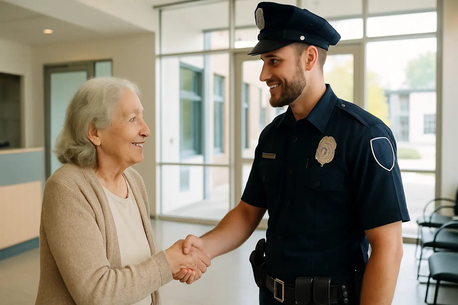 Elderly woman shaking hands with a police officer inside a police station lobby
